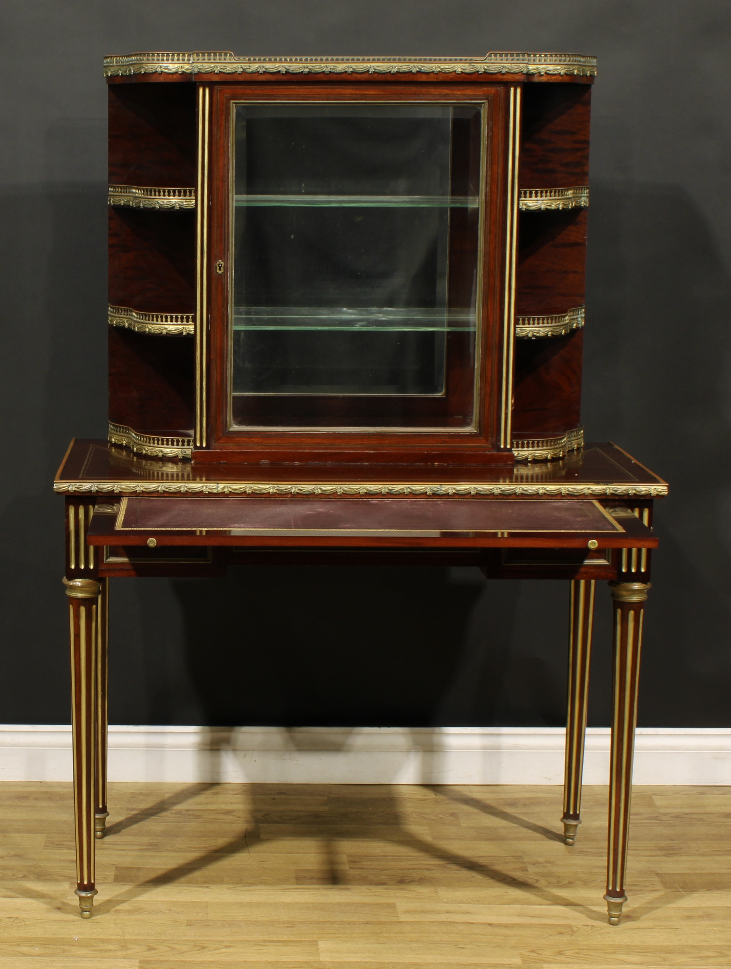 A Louis XVI Revival gilt metal mounted brass strung and parcel gilt mahogany salle d'etude - Image 2 of 3