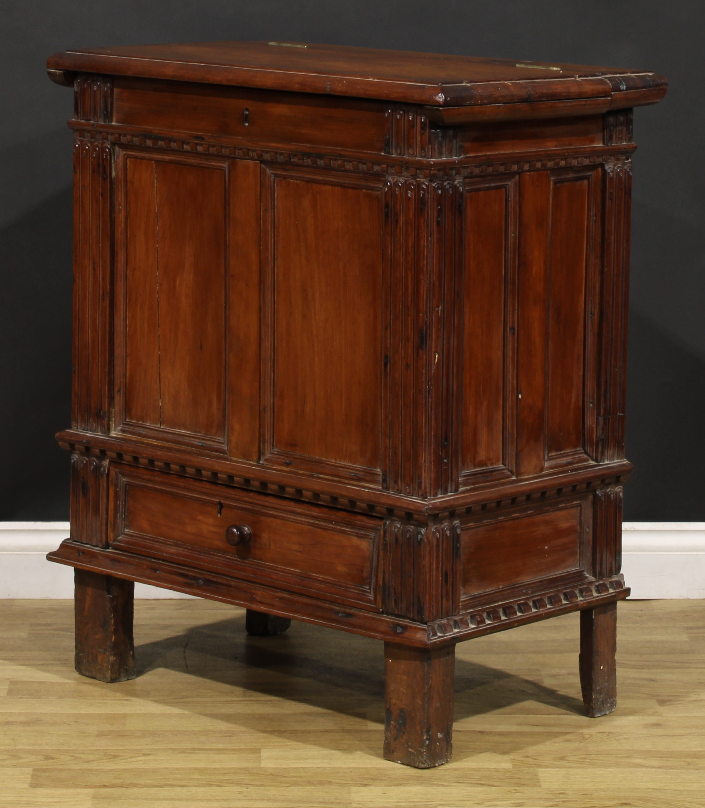 An 18th century Continental cherry vestment chest, hinged top enclosing a pair of compartments, - Image 4 of 5