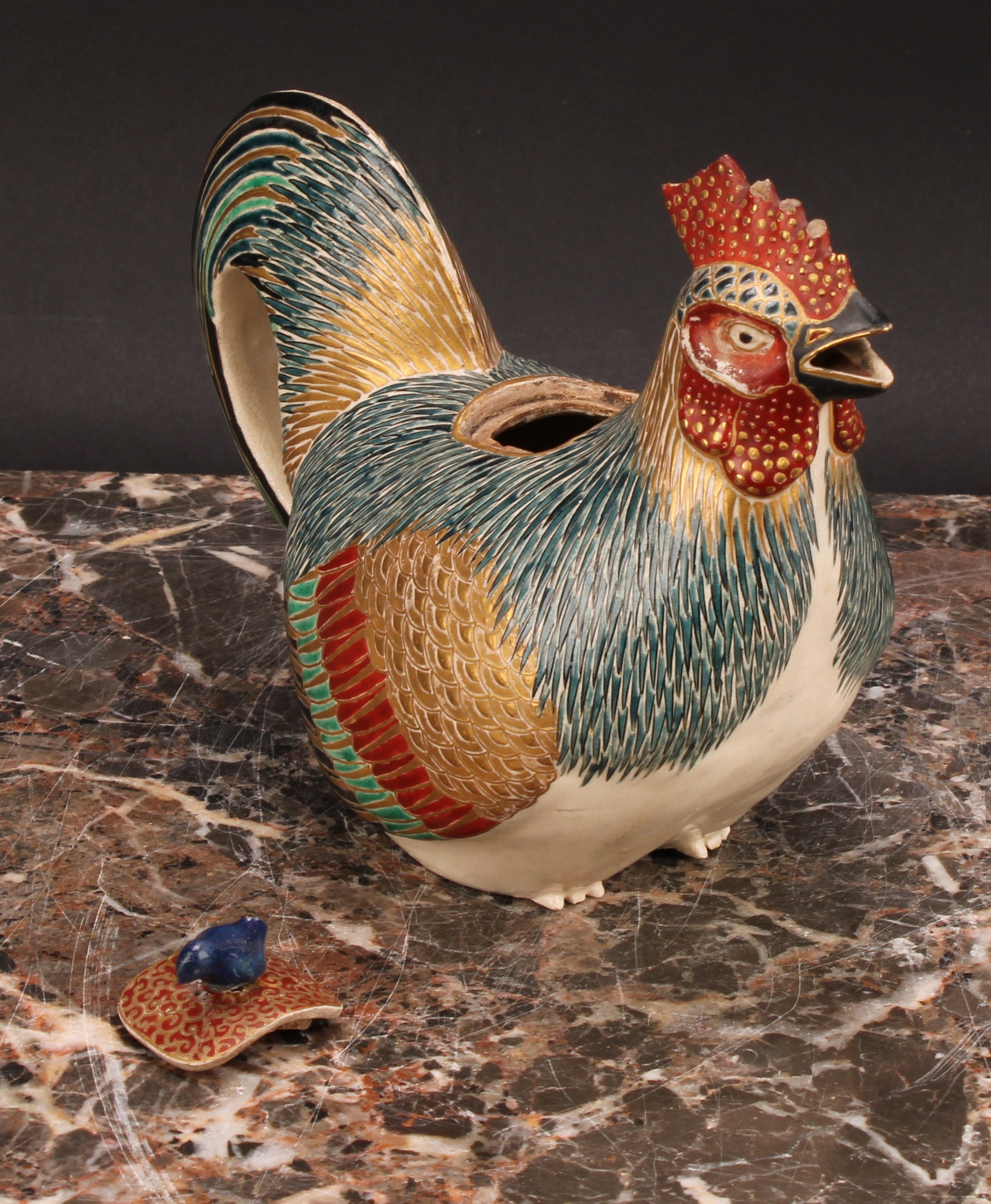 A Japanese satsuma teapot, as a cockerel, painted in polychrome and picked out in gilt, 18cm long, - Image 4 of 7