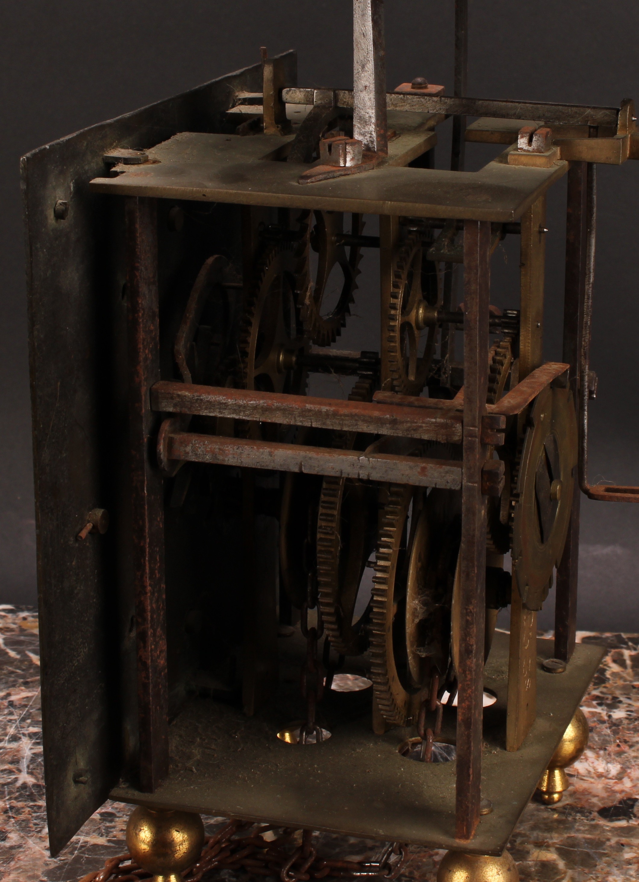 An 18th century brass and iron posted frame clock, of transitional lantern-to-longcase form, 18. - Image 4 of 4