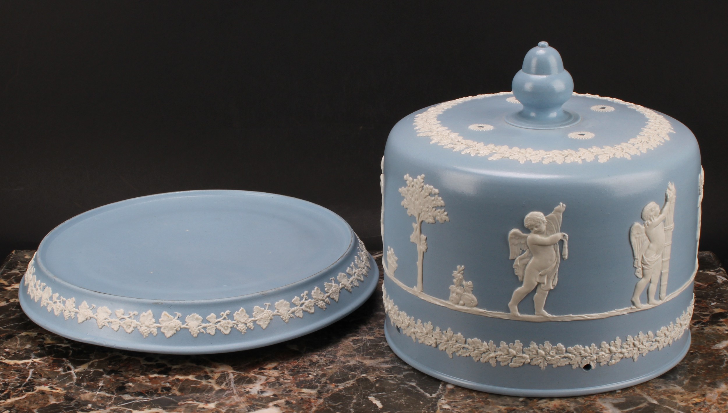 A late Victorian Staffordshire Jasperware cheese dome, probably James Dudson, sprigged in white - Image 4 of 4