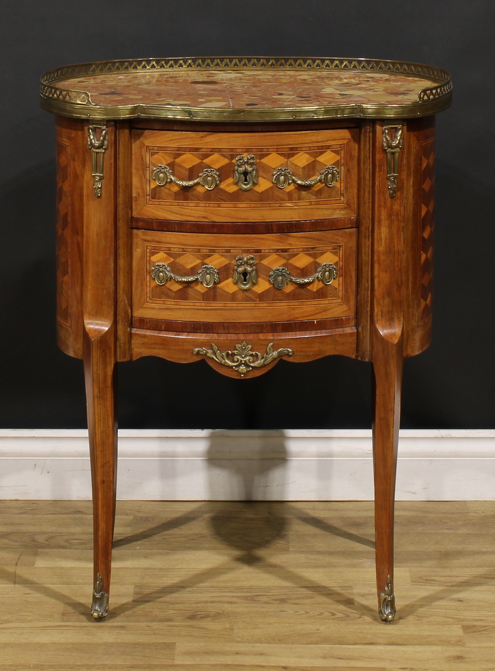 A Louis XV Revival gilt metal mounted tumbling blocks parquetry table de chevet or commode, marble - Image 2 of 5