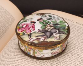 An 18th century enamel circular table snuff box, the stand-away hinged cover painted in polychrome