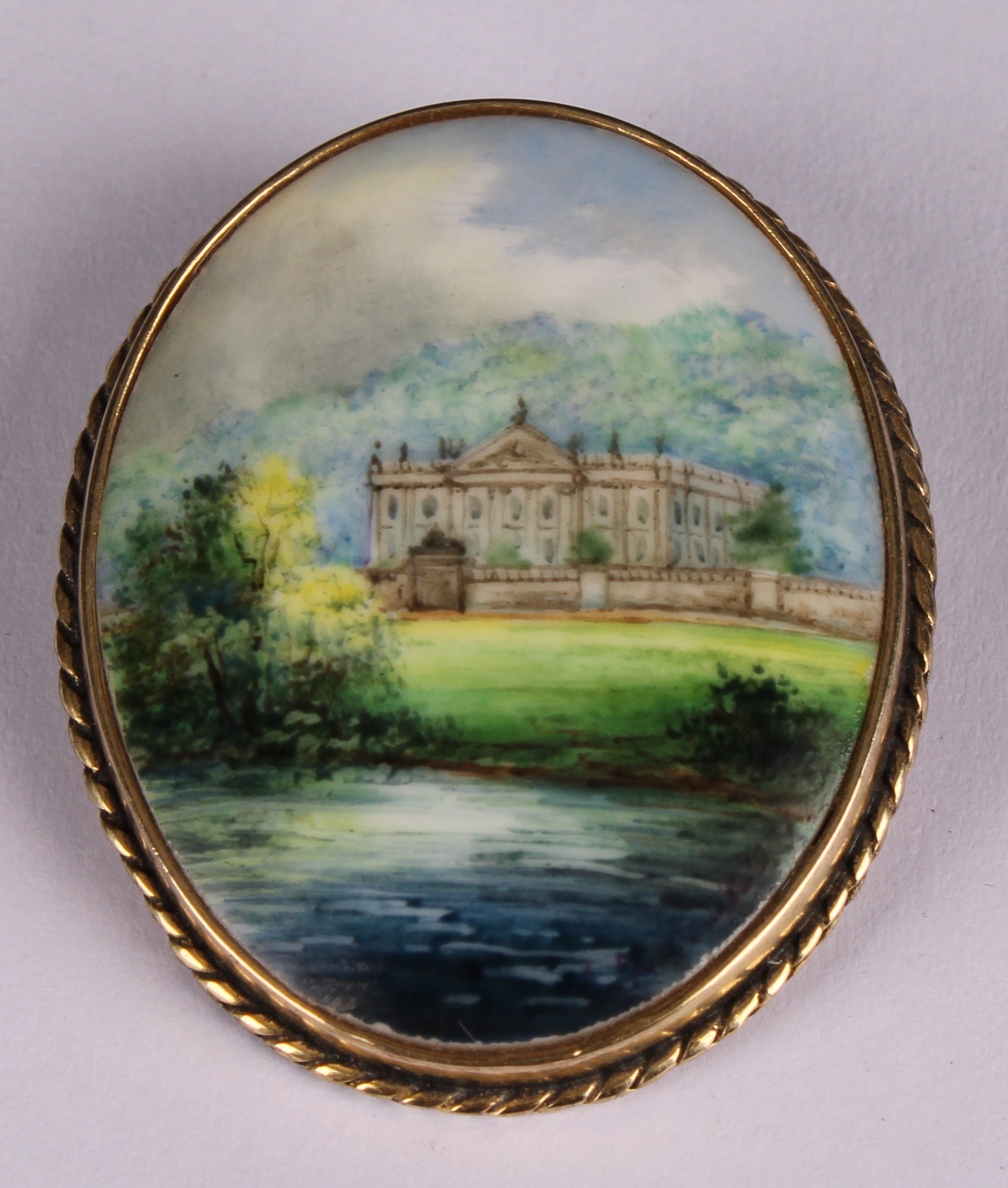A Lynton oval brooch, painted by Stefan Nowacki, signed, Chatsworth House, silver gilt mount, - Image 2 of 6