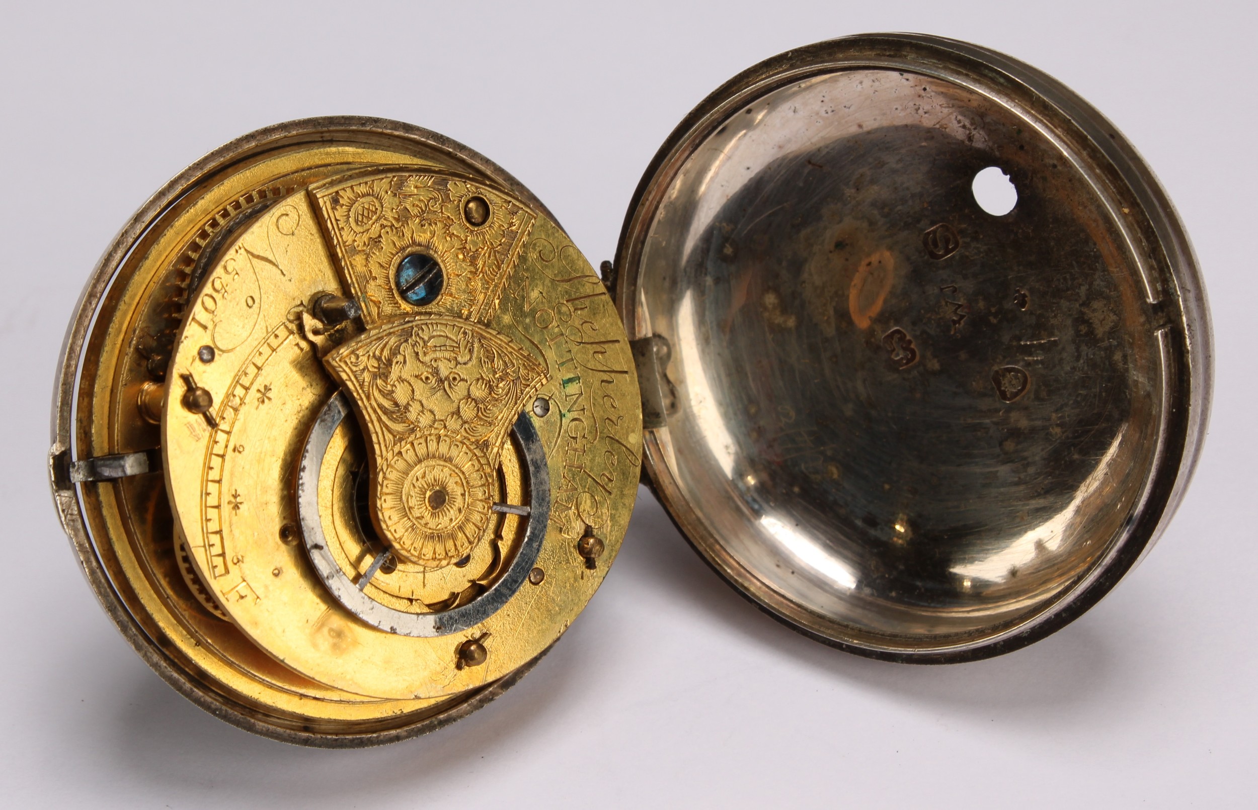 A George III silver pair case pocket watch, by Shepperley, Nottingham, 4.5cm enamel dial inscribed - Image 4 of 7
