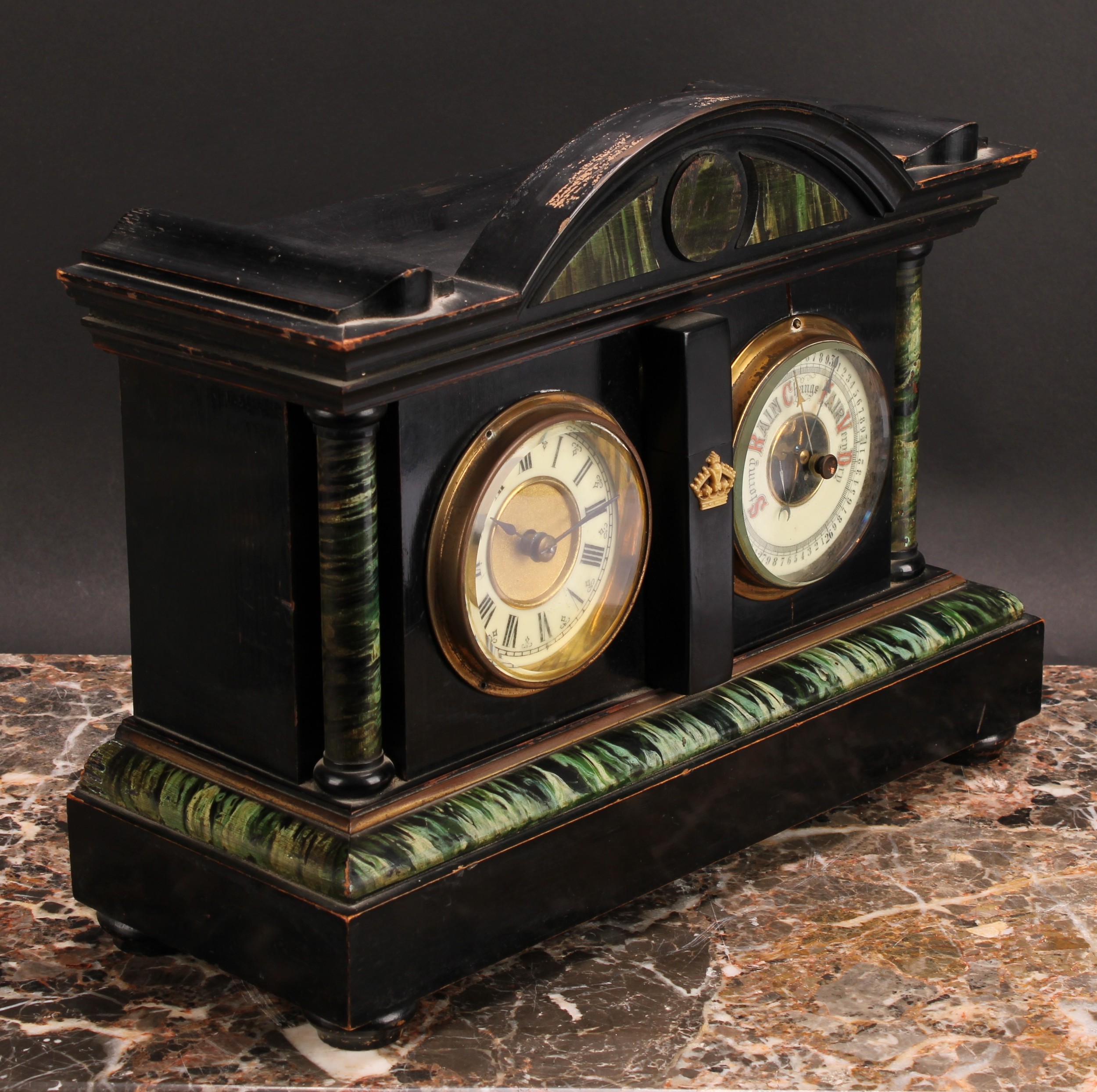 A late 19th century scumbled and ebonised combination mantel timepiece and aneroid barometer, 8cm - Image 2 of 4