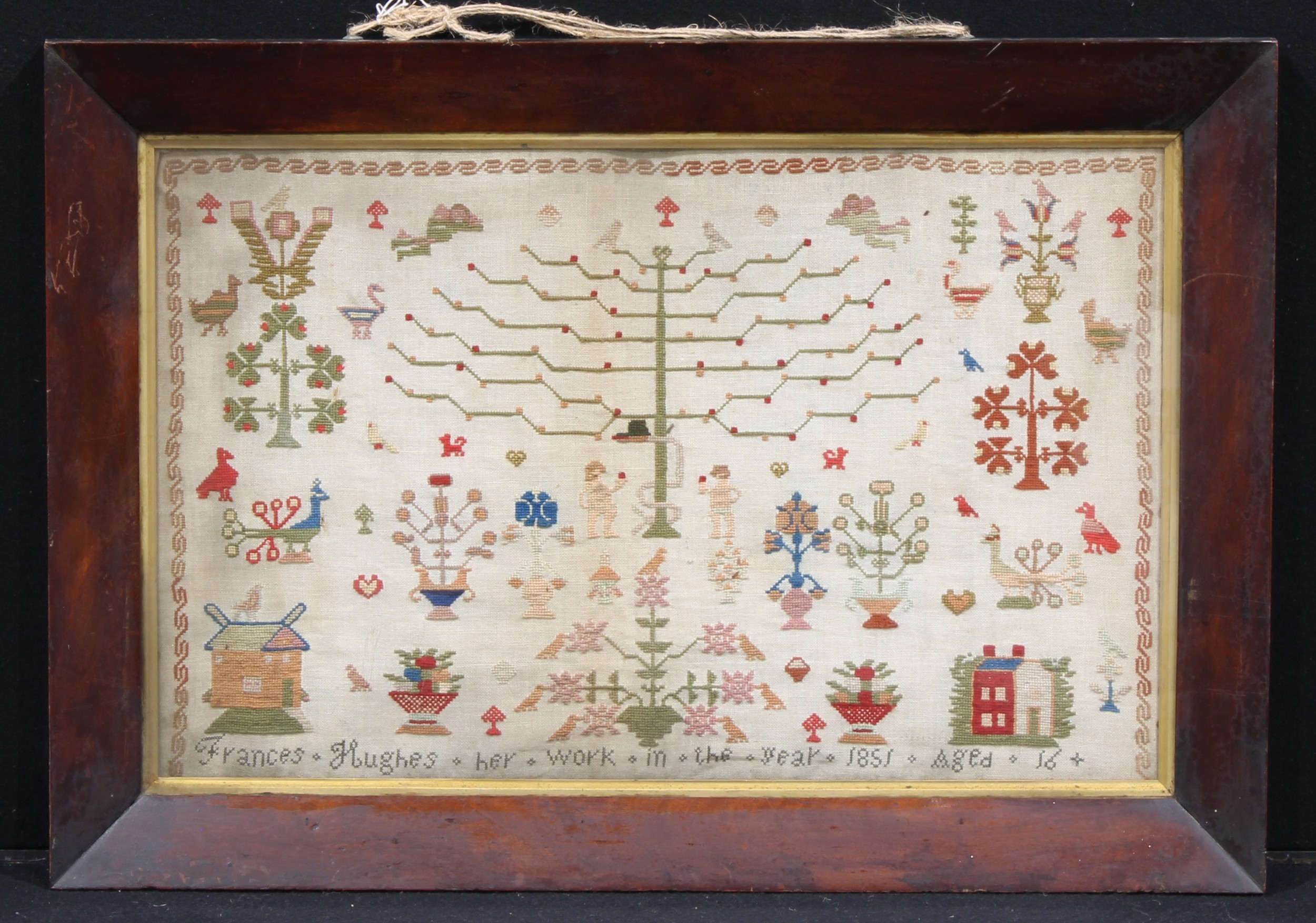 A Victorian needlework sampler, by Frances Hughes, aged 16, worked in coloured wools with Tree of - Image 2 of 3