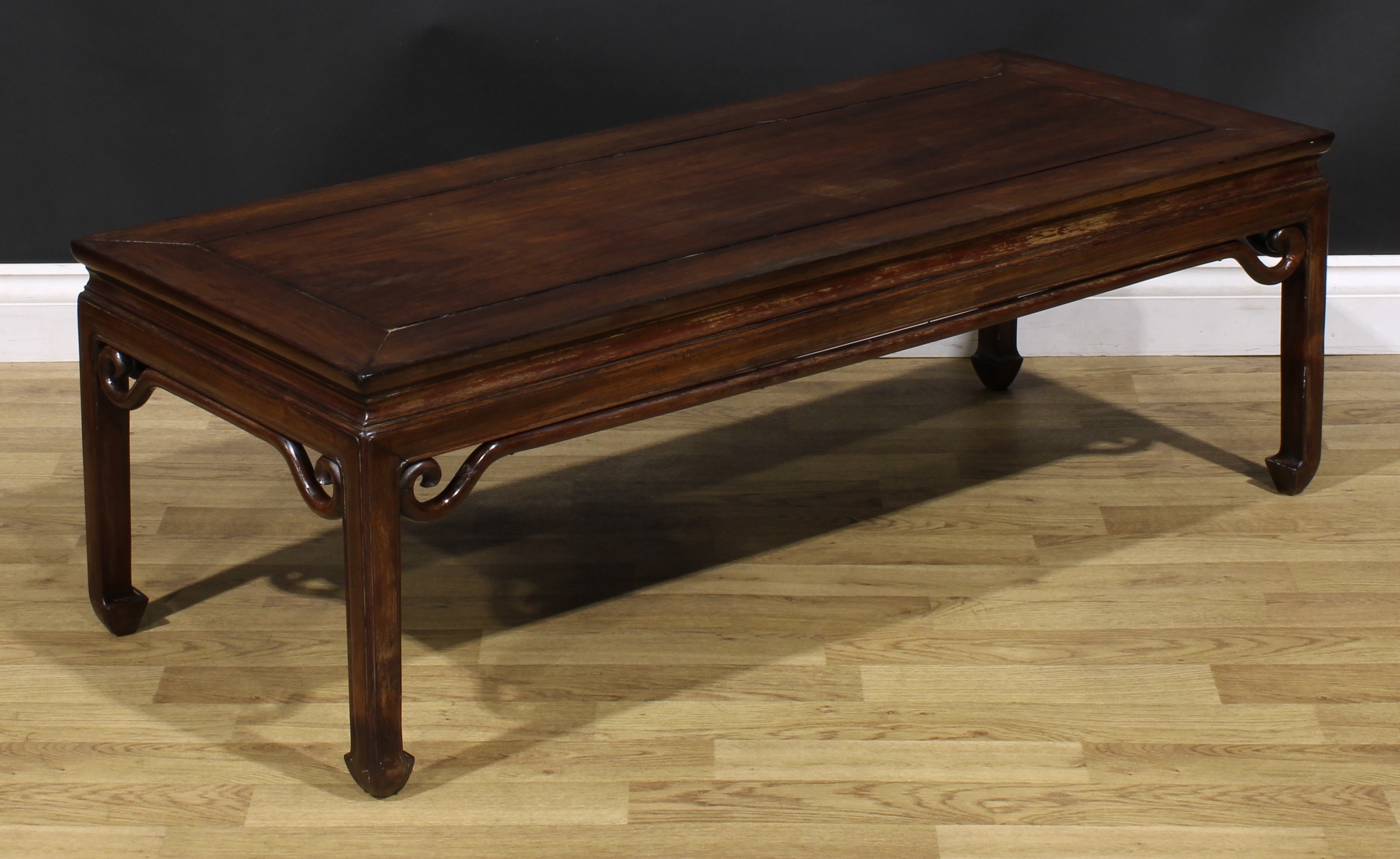A Chinese hardwood waisted low tea table or kang table, rectangular panel top, the apron applied - Image 3 of 5