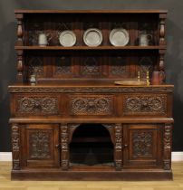 A 17th century style oak country house buffet side cabinet, panelled back with rectangular shelf,