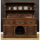 A 17th century style oak country house buffet side cabinet, panelled back with rectangular shelf,