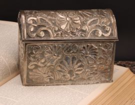 An early 20th century silver coloured metal rectangular casket, probably South American, chased with