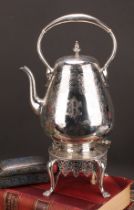 A large Victorian silver tea kettle, stand and burner, bright-cut engraved with strapwork, flowers