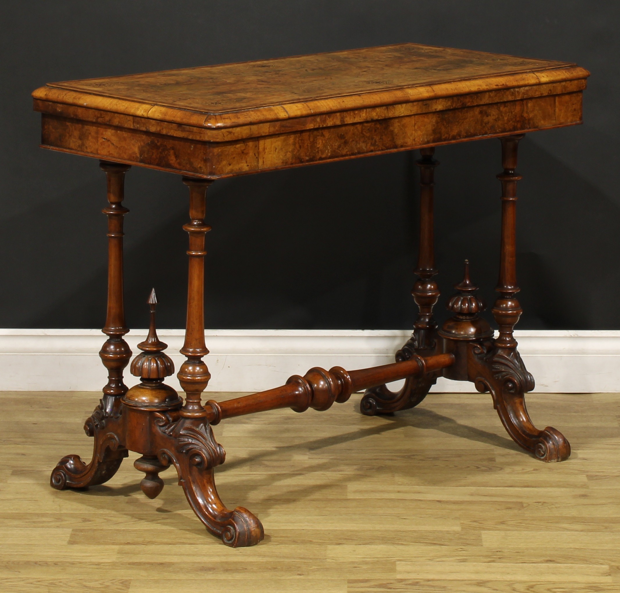 A Victorian amboyna banded walnut and Tunbridge ware card table, hinged top enclosing a baize - Image 4 of 6