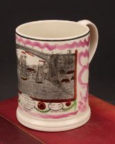 A Sunderland lustre frog mug, J Phillips, Hilton Pottery, printed in monochrome, picked out in