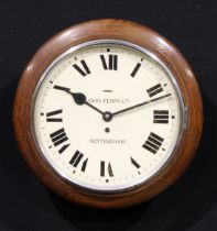 An early 20th century oak school or railway type timepiece, 29cm clock dial inscribed John Perry