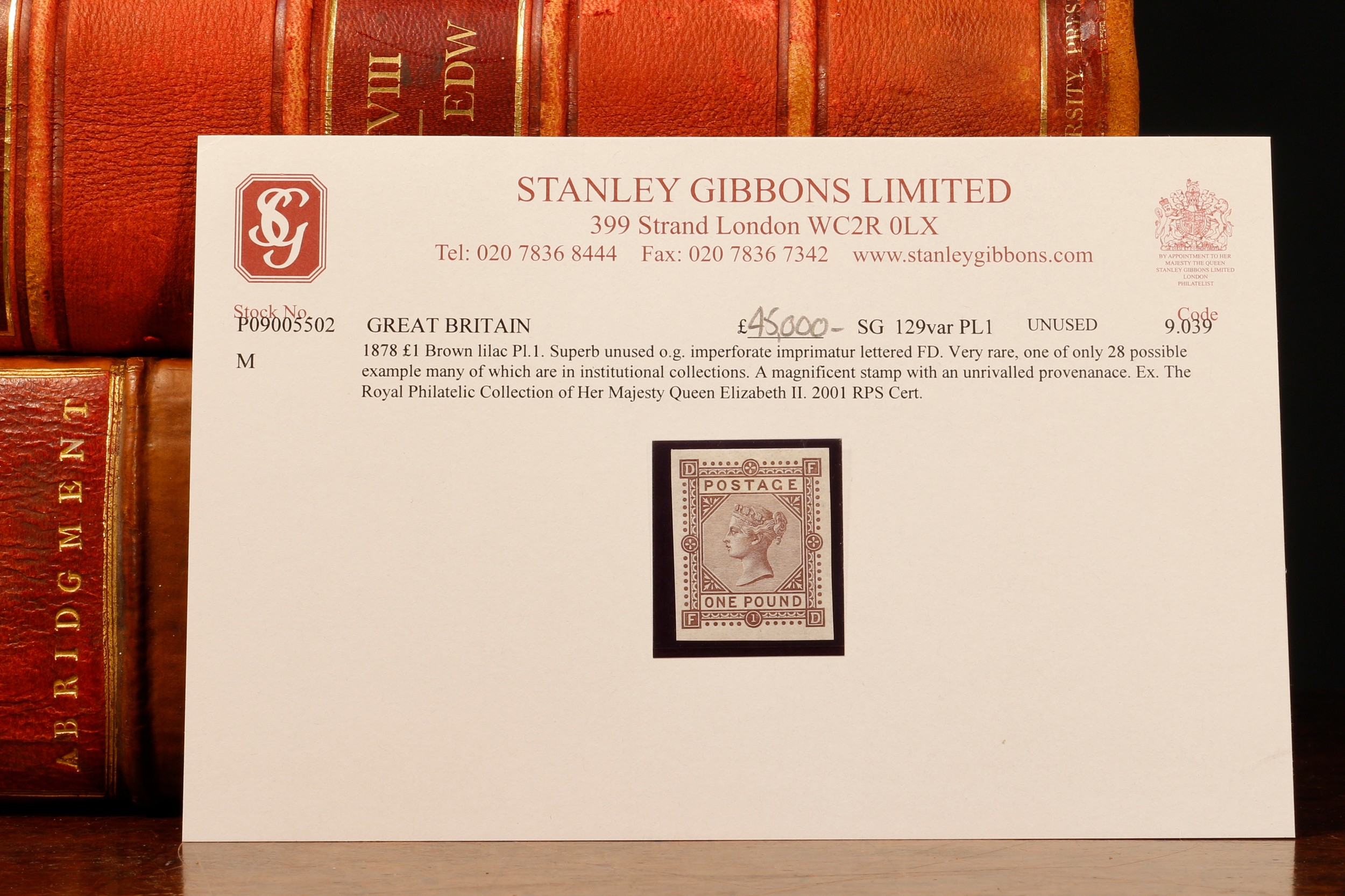 Stamps - QV 1878 £1 brown-lilac PL1 superb unused OG, imperforate, stamp Imprimatur lettered FD very