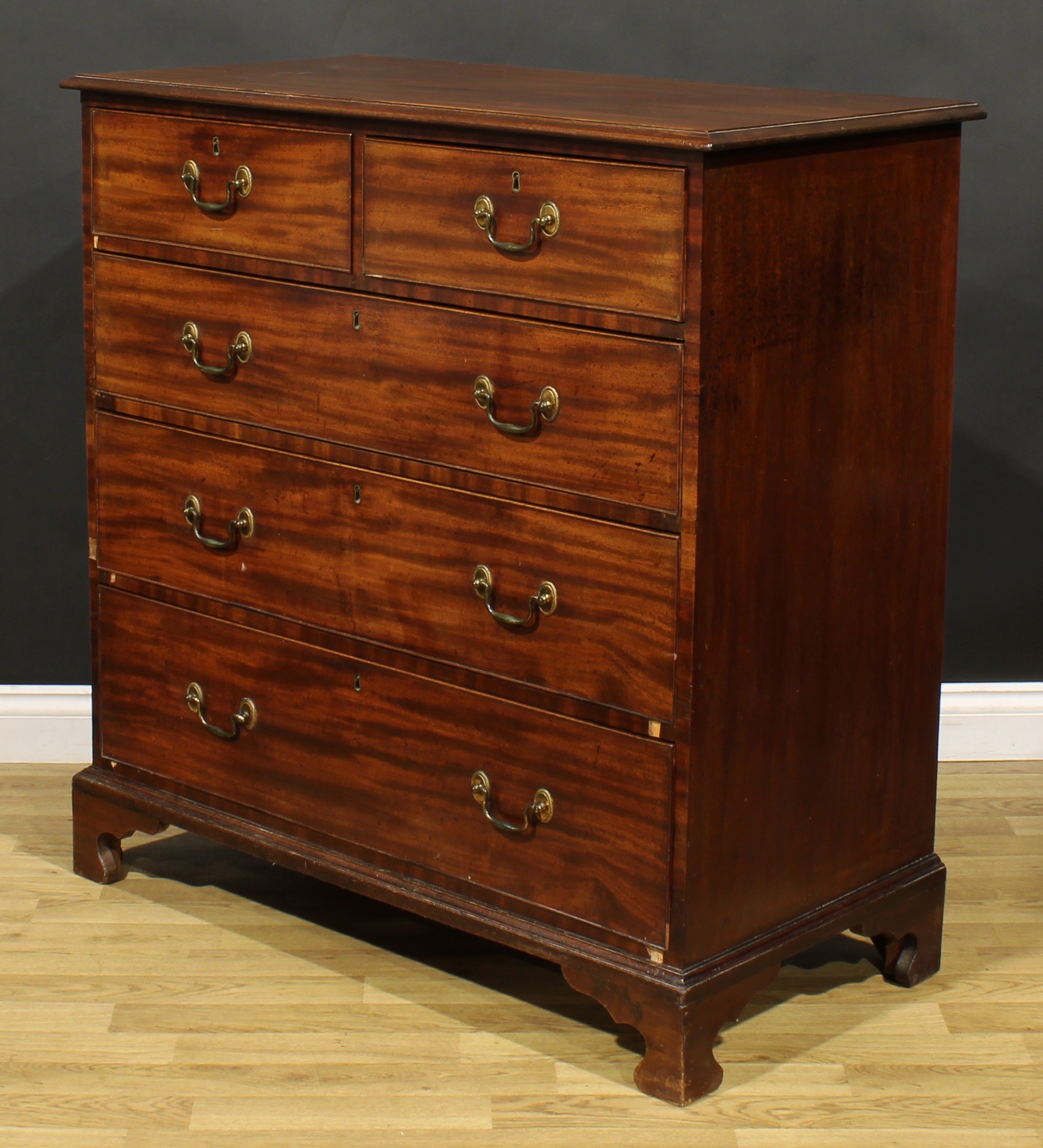 A George III mahogany chest, rectangular top with moulded edge above two short and three long - Image 5 of 6