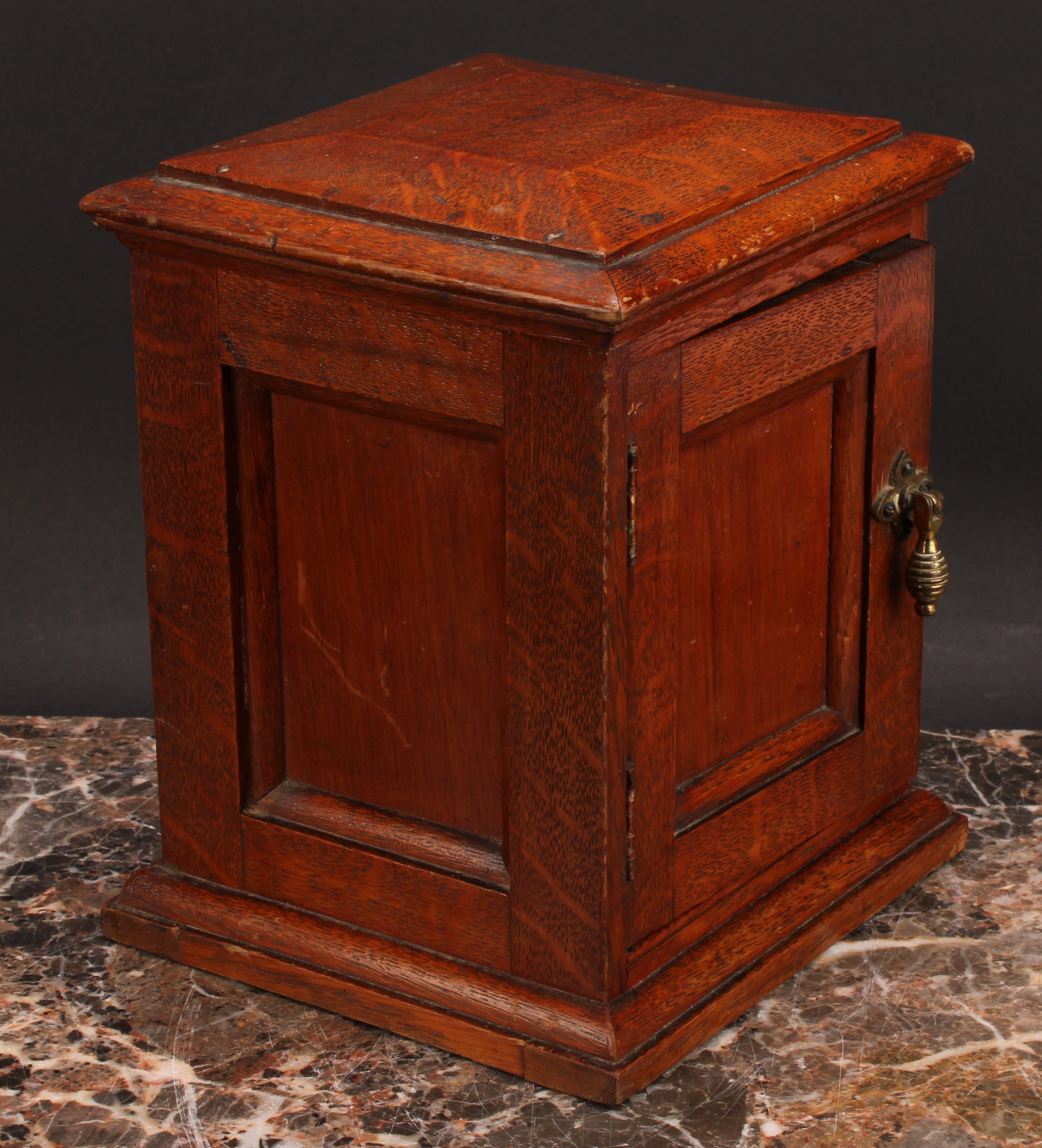 A Victorian oak table top cabinet, sarcophagus top above a panelled door enclosing three collector's - Image 5 of 5