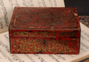 A 19th century Boulle and ebonised marquetry rectangular work box, hinged cover, labelled Halstaff &