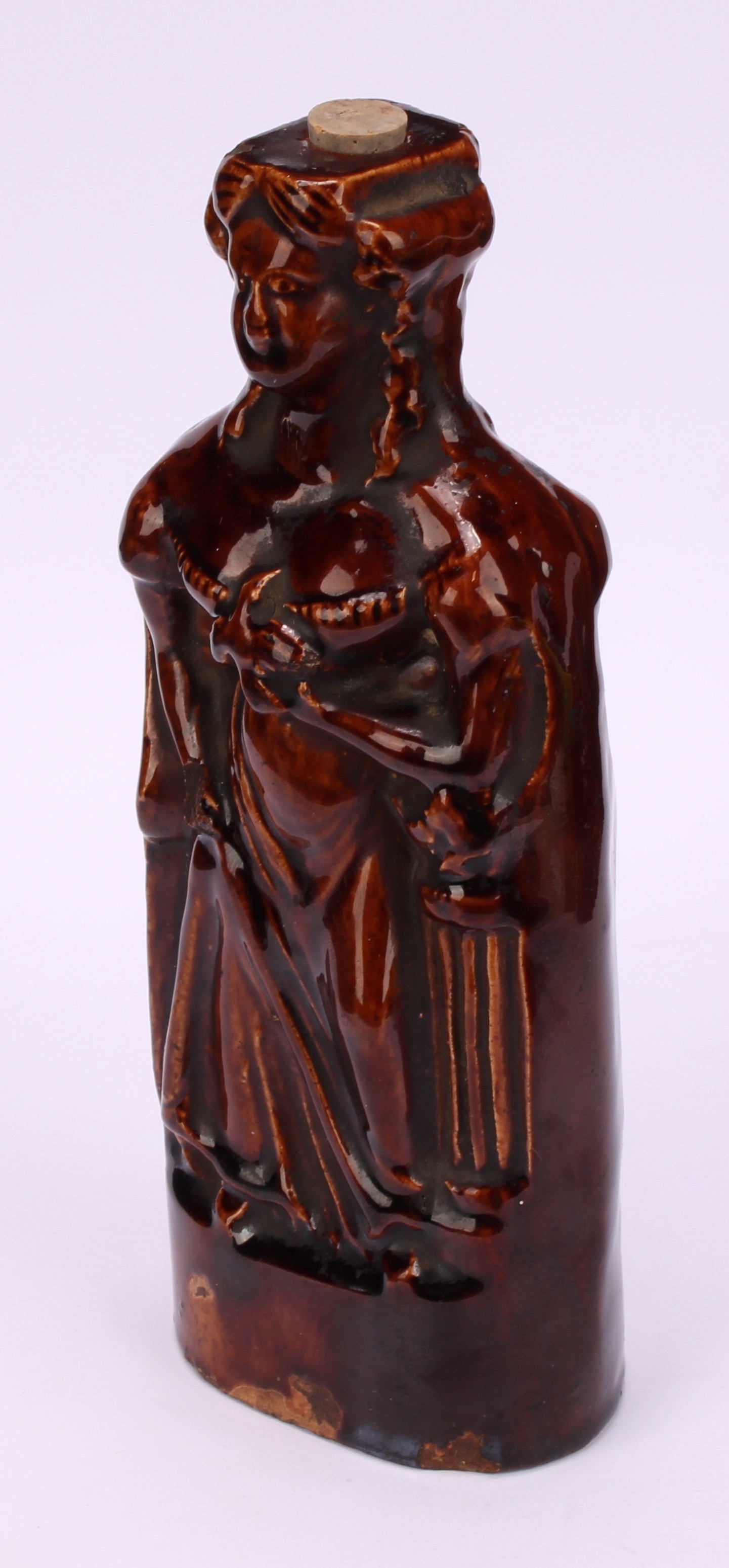 A 19th century treacle glazed reform flask, moulded on both sides as Queen Victoria, 18.5cm high - Bild 4 aus 4