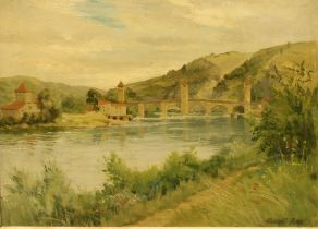 Percy R Craft (1856 - 1934) The Pont Valentre, Cahors signed, oil on board, 23cm x 32cm