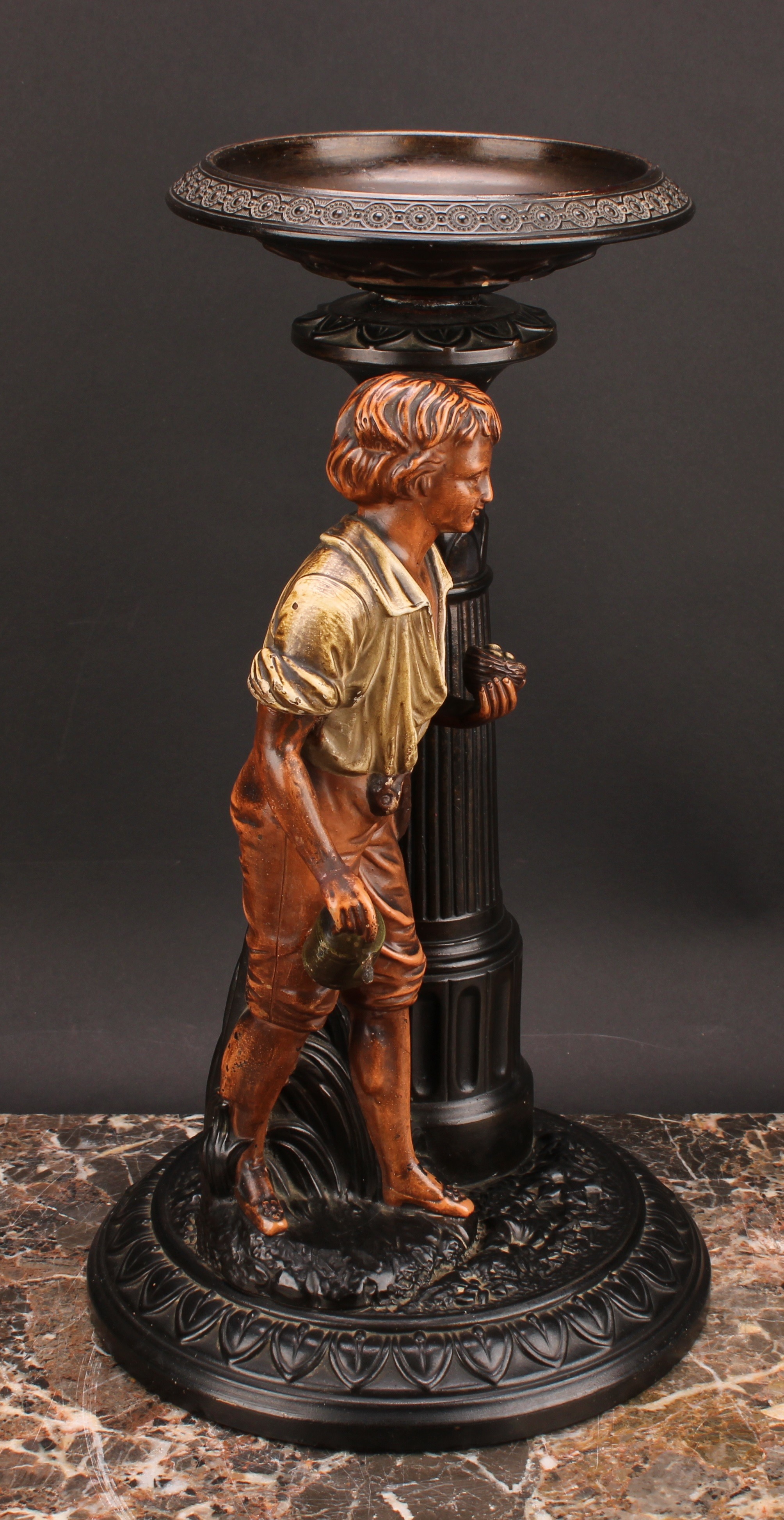 A pair of Gerbing & Stephan figural table comports, each as a young gatherer, he with a basket of - Image 8 of 10