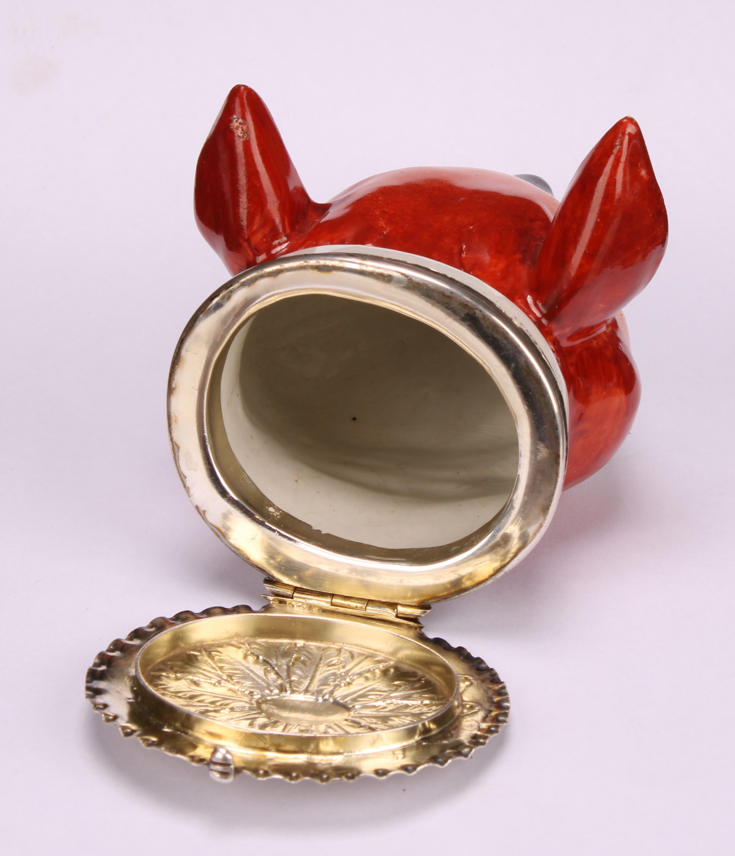 A Staffordshire pottery novelty stirrup cup, modelled as a fox mask, naturalistically painted, - Image 5 of 5