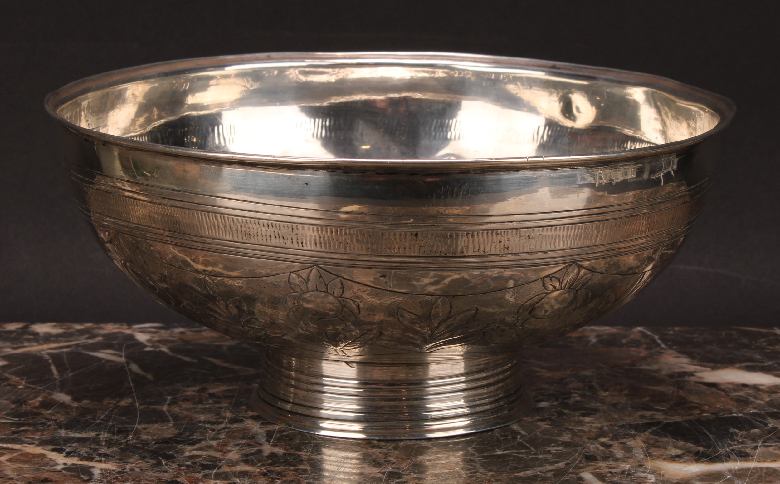 A 19th century Russian silver circular bowl, chased with an alternating band of flowers and stiff - Image 3 of 4