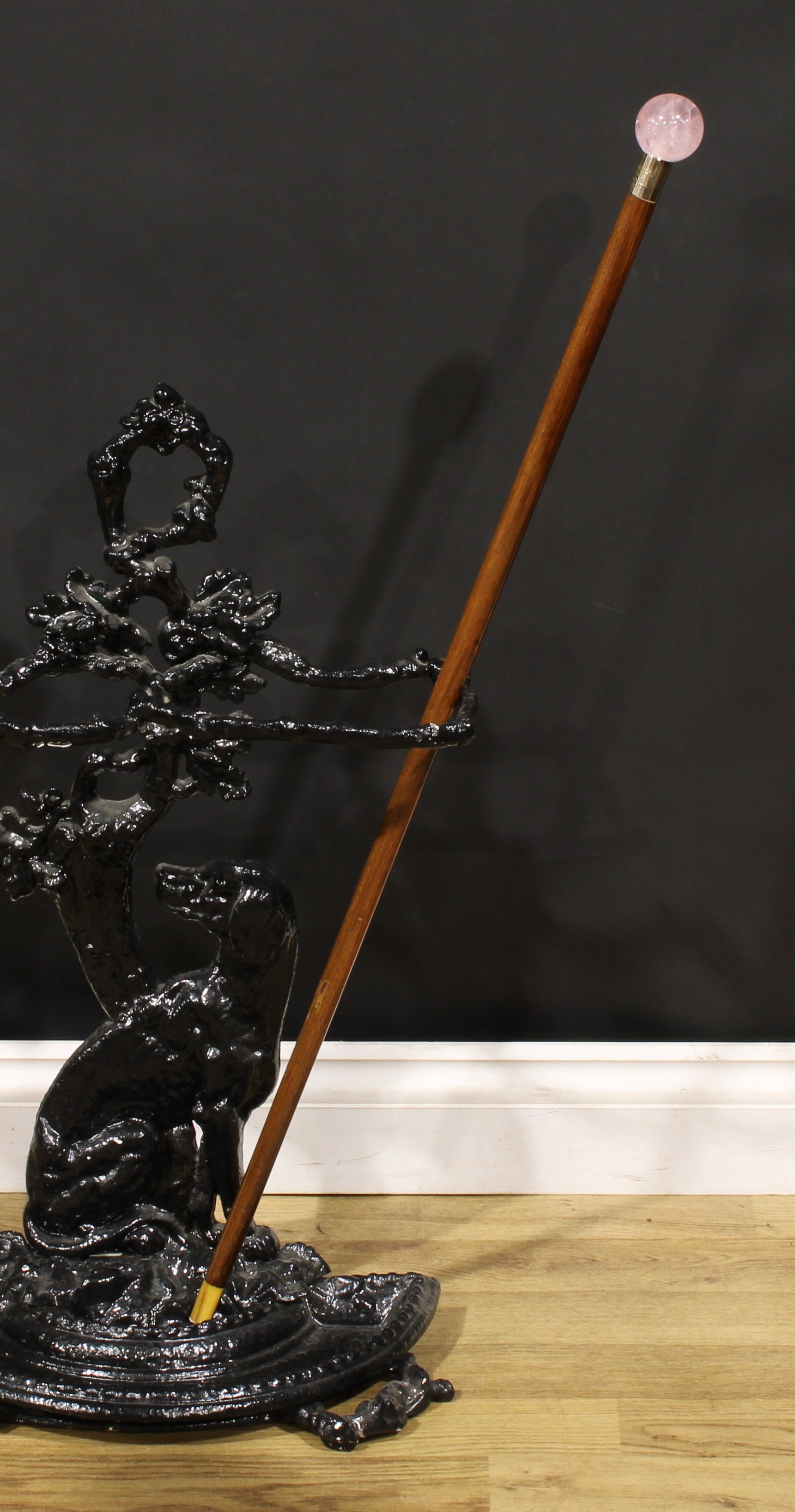 A rose quartz mounted walking stick, globular pommel, the gilt metal pommel inscribed Martin Glaser, - Image 2 of 2