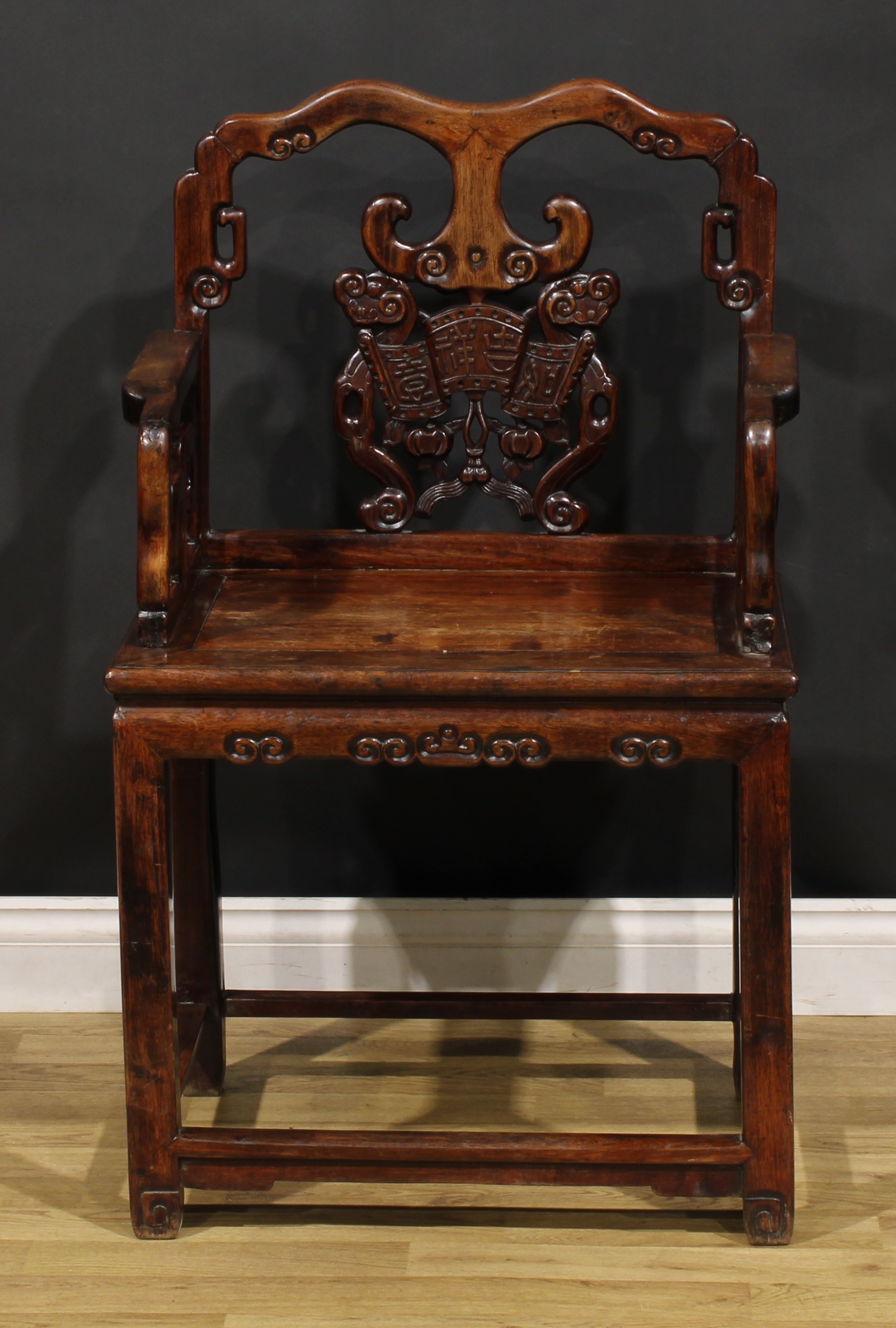 A pair of Chinese hardwood taishi armchairs, each with a shaped back carved with ruyi scepters, - Image 2 of 9