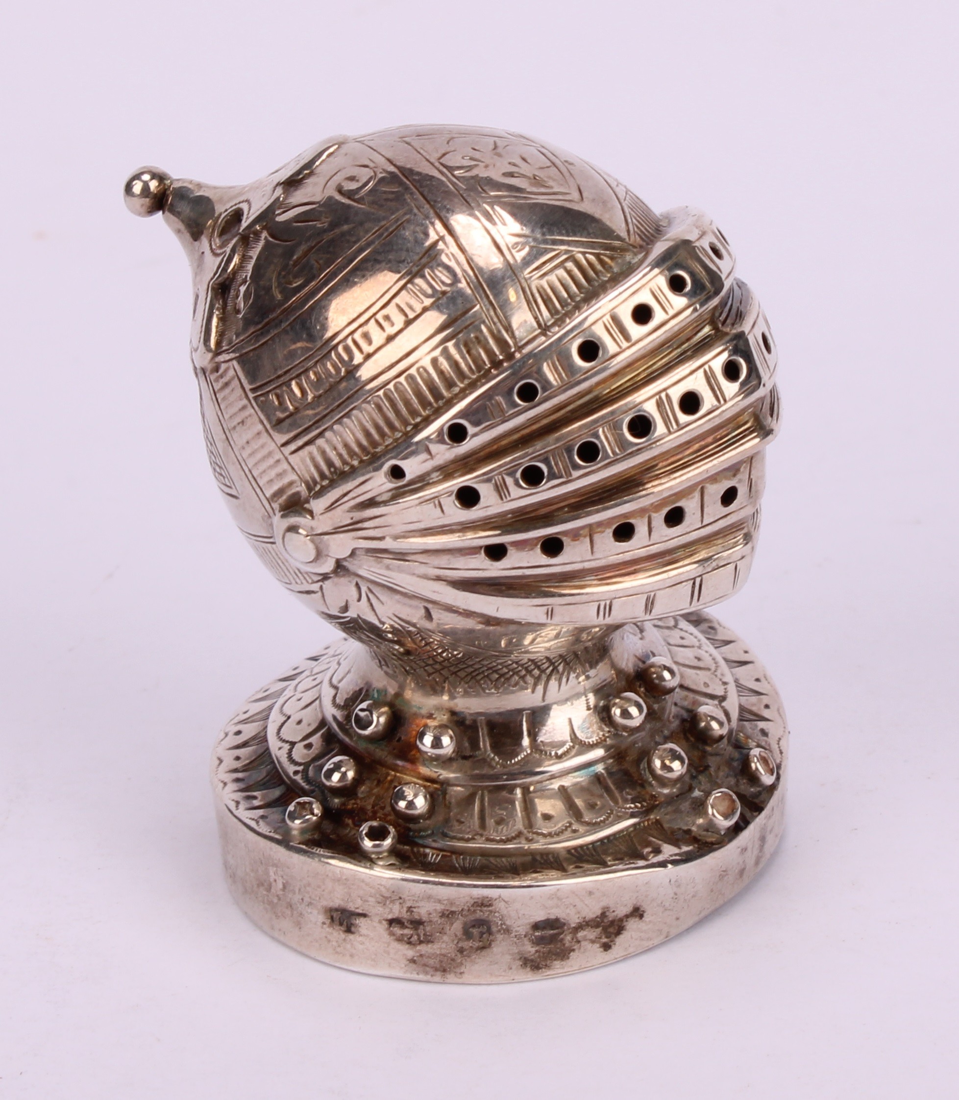 A set of four Victorian Gothic Revival silver novelty peppers, each as a knight's helmet and - Image 3 of 7