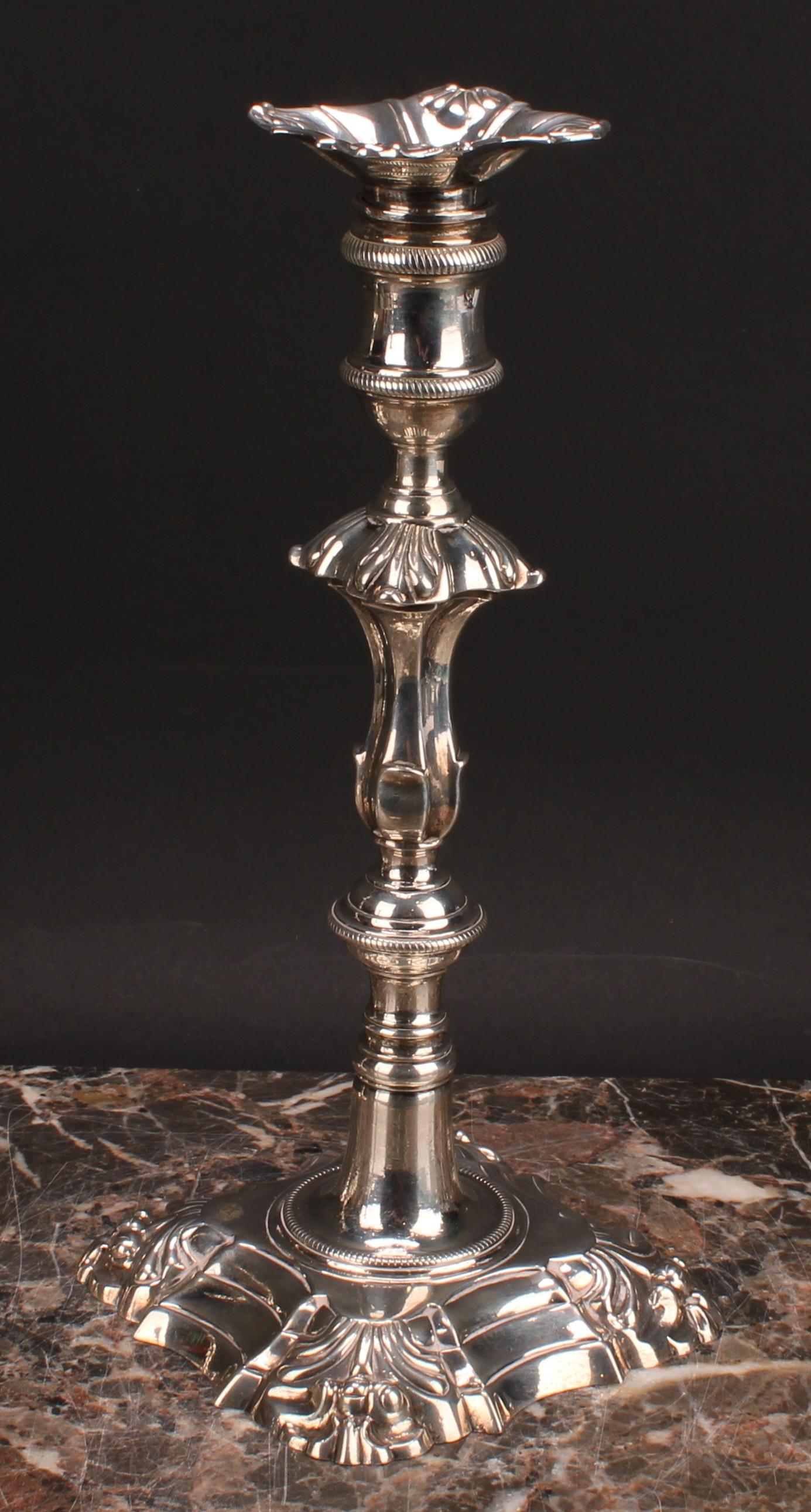 A composed set of four George II/early George III cast table candlesticks, detachable nozzles, - Image 7 of 14