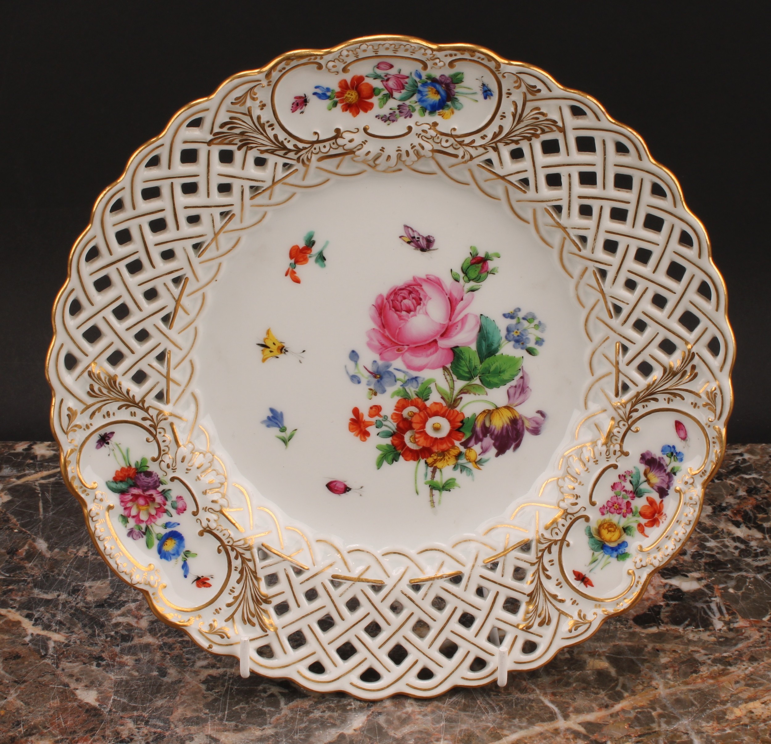 A set of six German porcelain shaped circular plates, decorated with flowers, pierced borders picked - Image 10 of 13