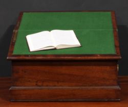 A George III mahogany table-top writing box, hinged cover with reading ledge, reciprocal drawer