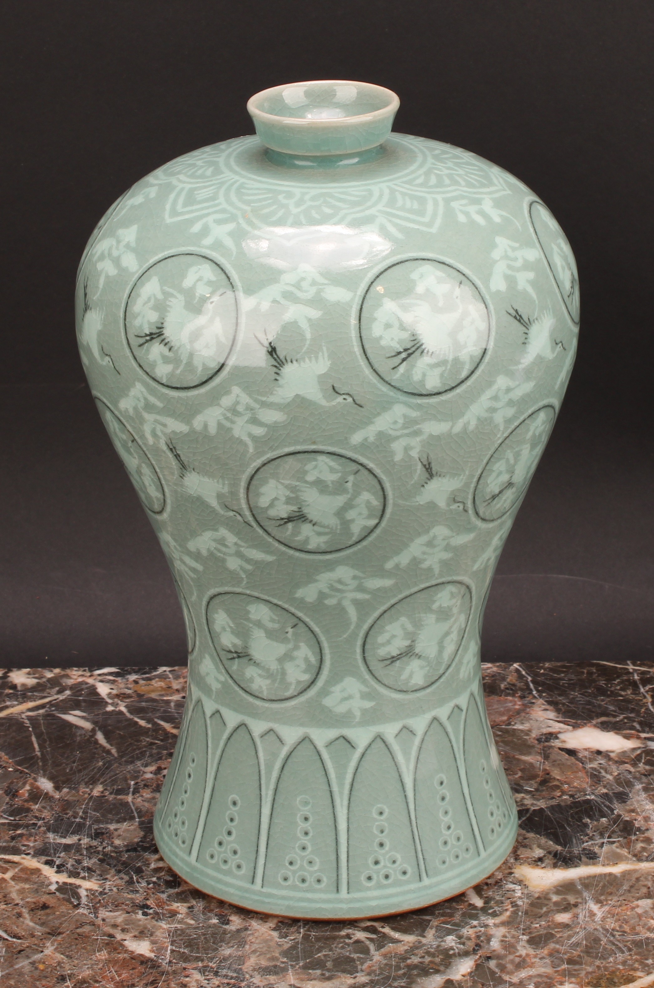 A Korean meiping vase, decorated with cranes, clouds and lotus, 25cm high, character mark - Image 3 of 5