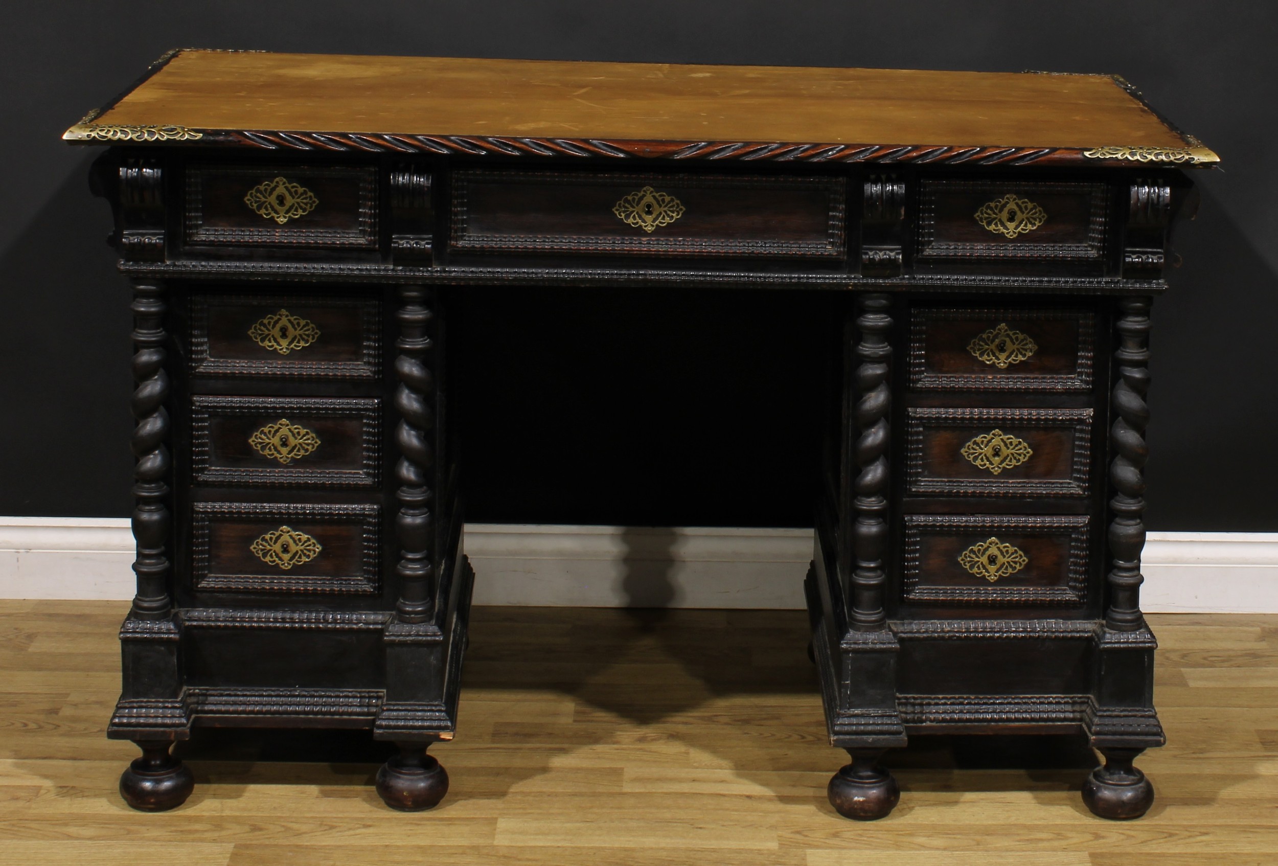 A 19th century Portuguese Baroque Revival twin pedestal desk, rectangular top with inset writing - Image 2 of 4