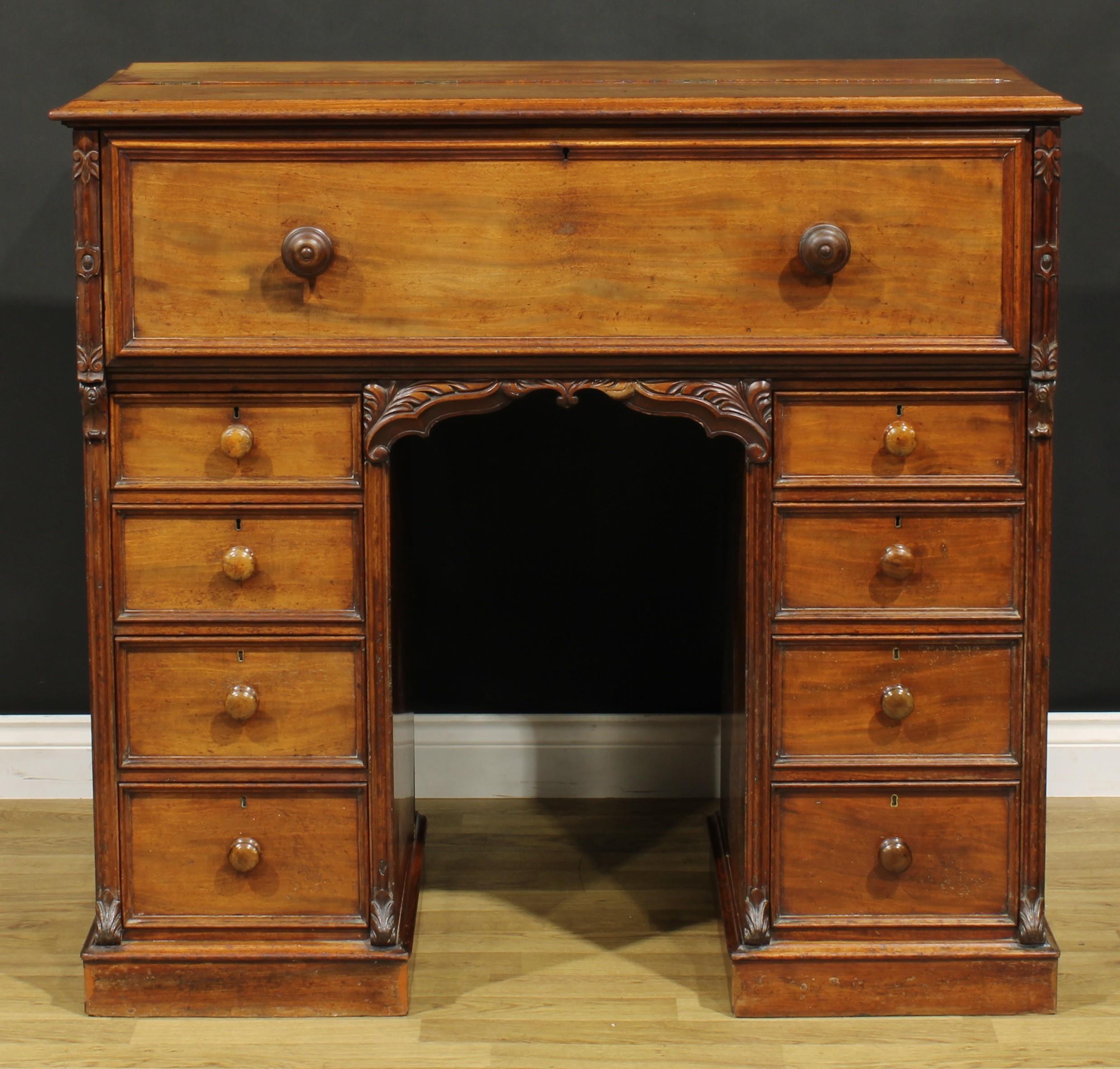 A Victorian mahogany secretaire kneehole desk, hinged top and fall front enclosing a tooled and gilt - Image 3 of 7