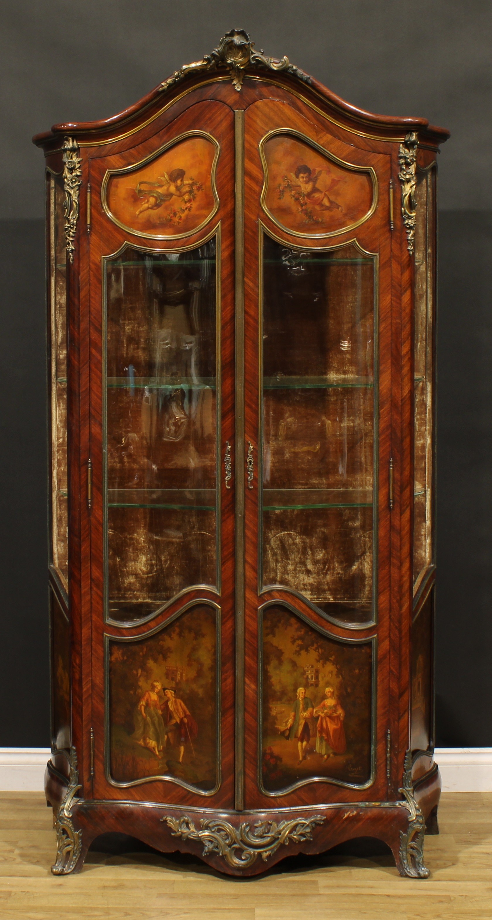 A Louis XV Revival gilt metal mounted kingwood and vernis Martin serpentine vitrine, chapeau de - Image 2 of 2