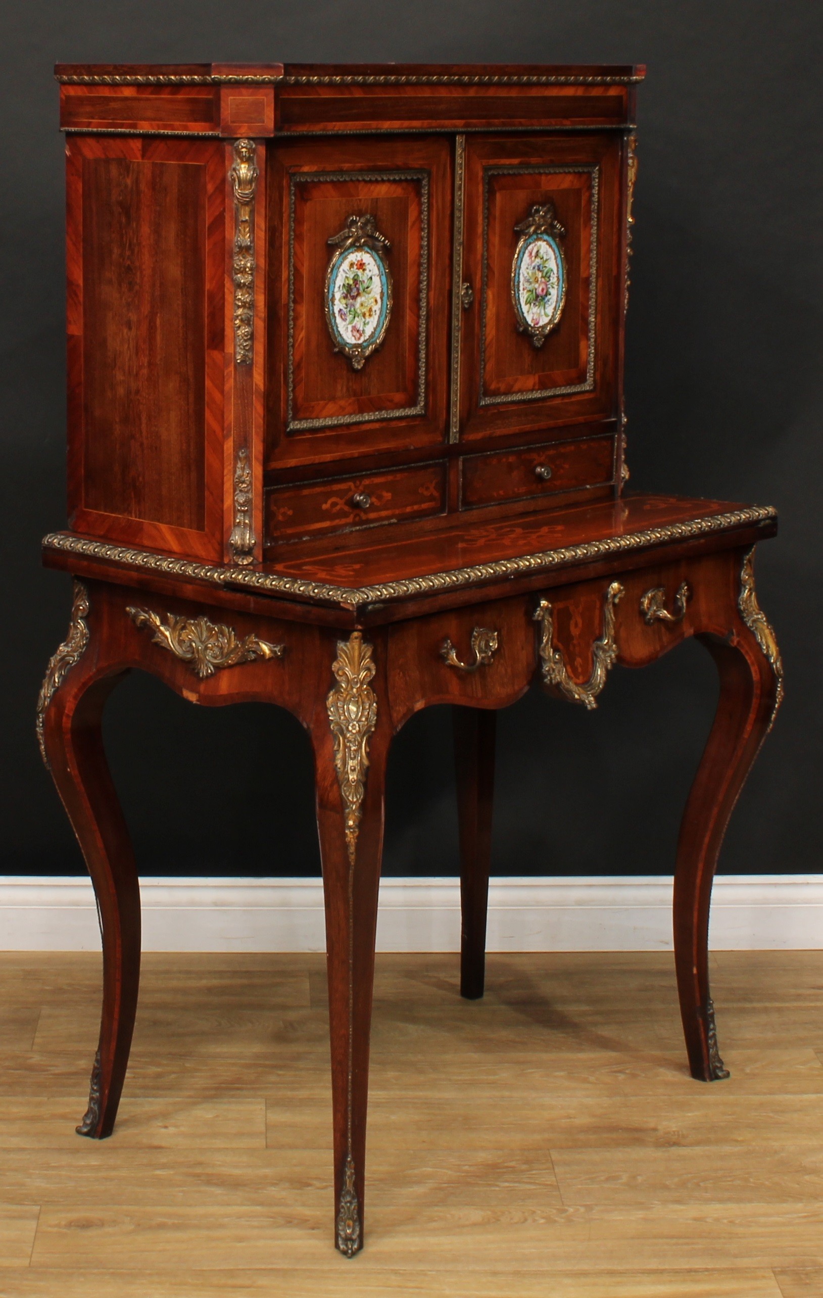 A 19th century porcelain and gilt metal mounted kingwood banded and marquetry bonheur du jour, - Image 4 of 7