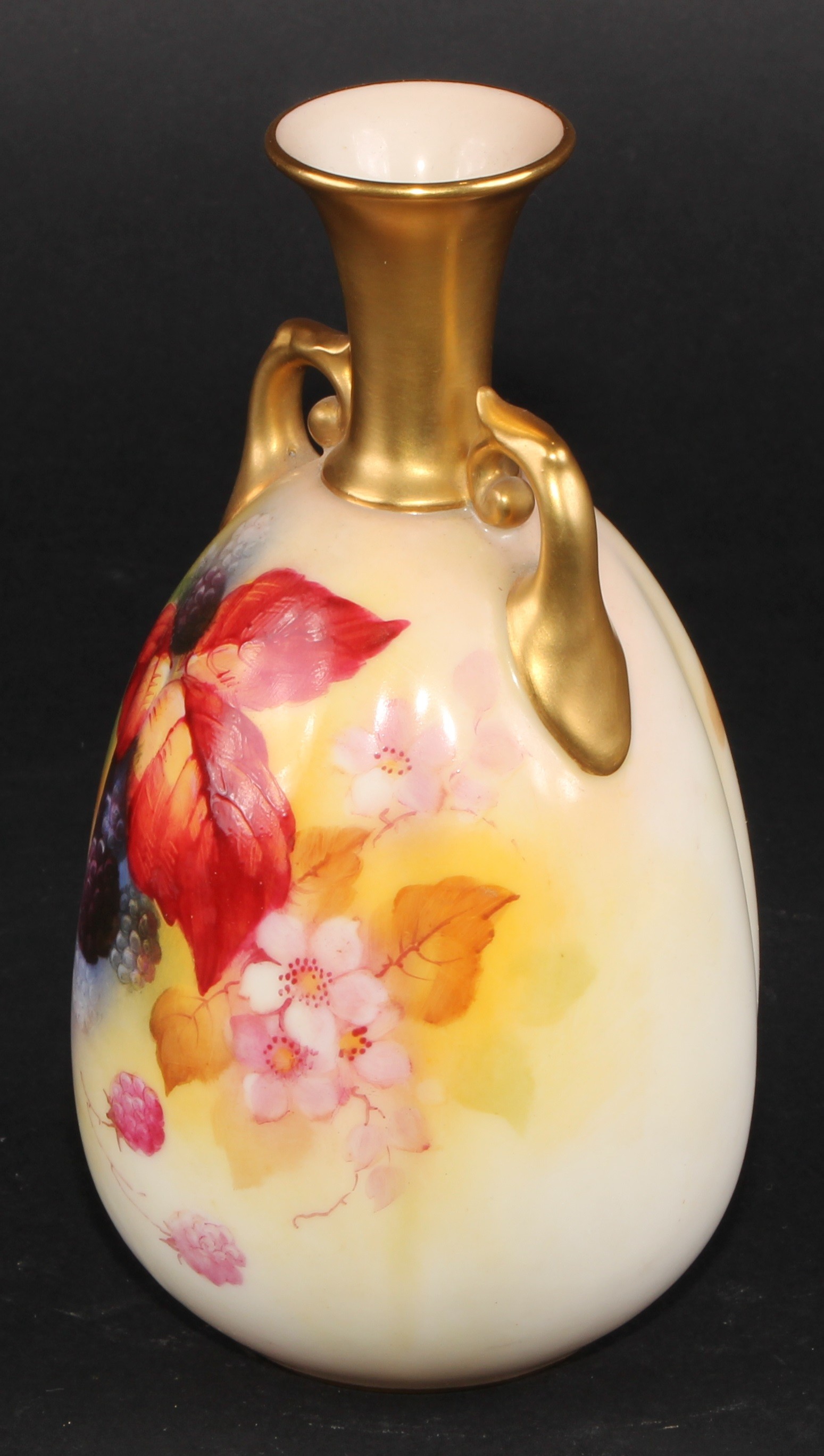 A Royal Worcester fluted ovoid vase, painted by Kitty Blake, signed, with blackberries and - Image 4 of 7