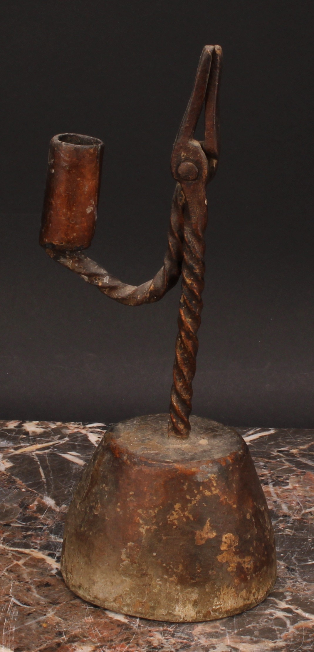 A wrought iron nip rushlight and candle holder, twist stem, domed circular wood base, 23cm high, - Image 2 of 3