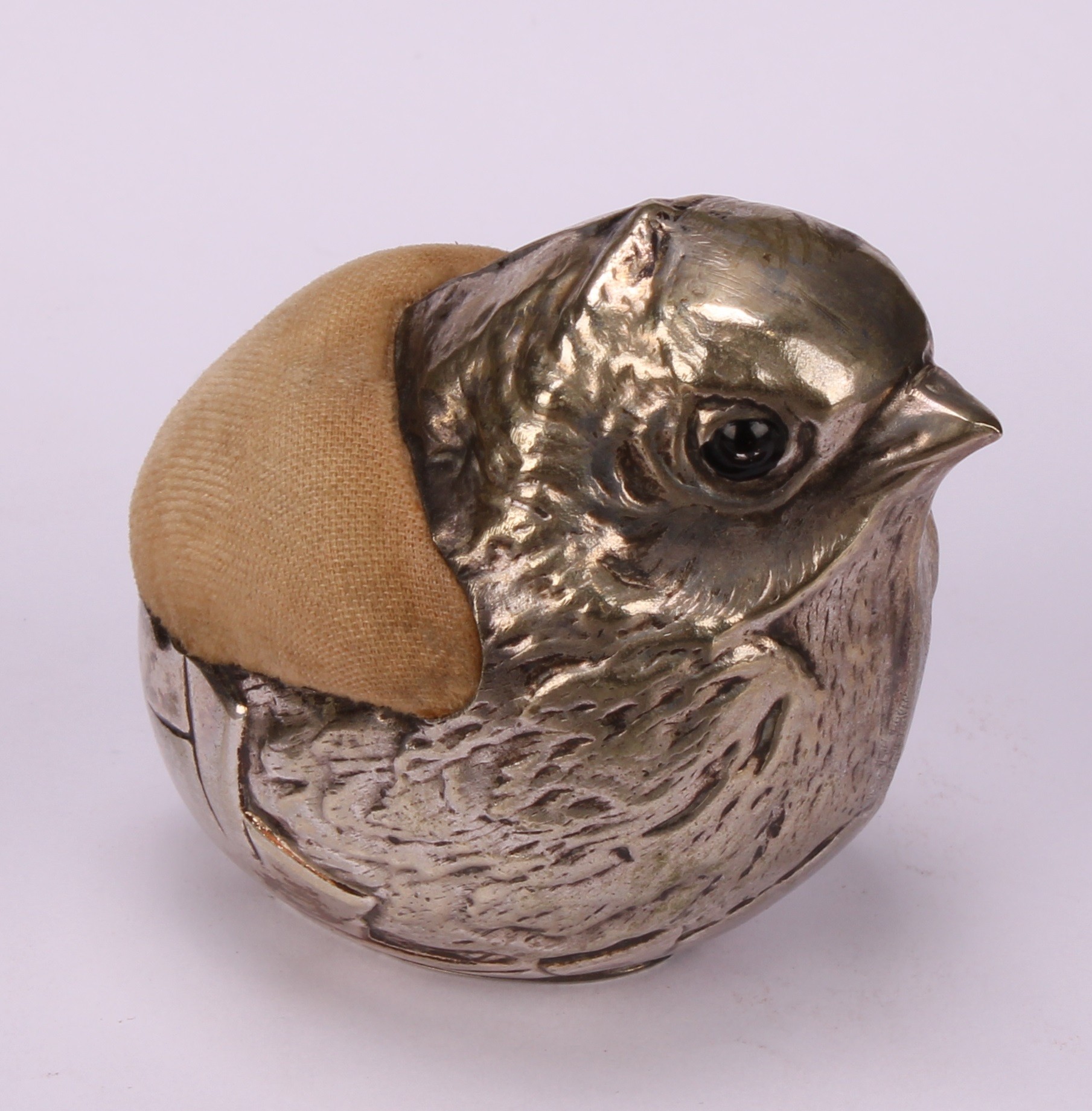 A large Edwardian novelty EPNS pincushion as a chick in a partial egg shell, 6cm high - Image 2 of 5
