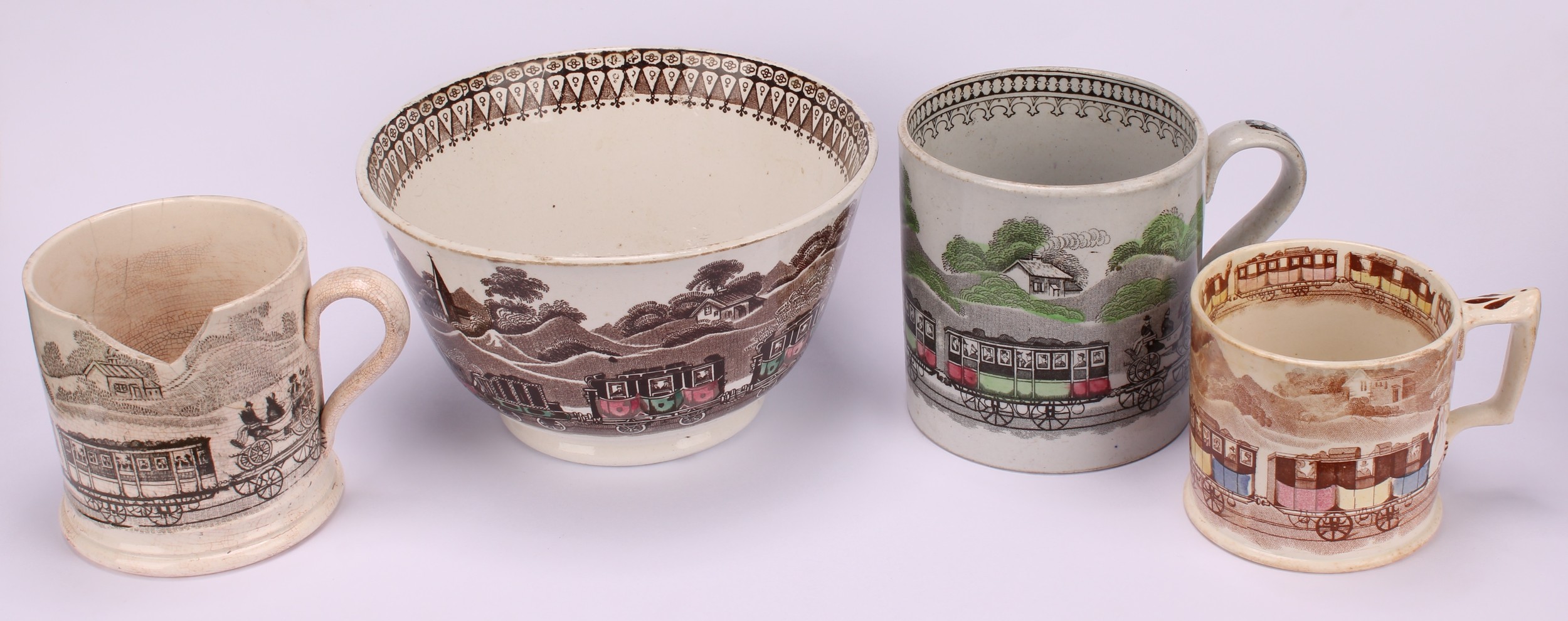 Railway Interest - steam locomotives, a 19th century Staffordshire pearlware mug, printed in sepia - Bild 2 aus 10