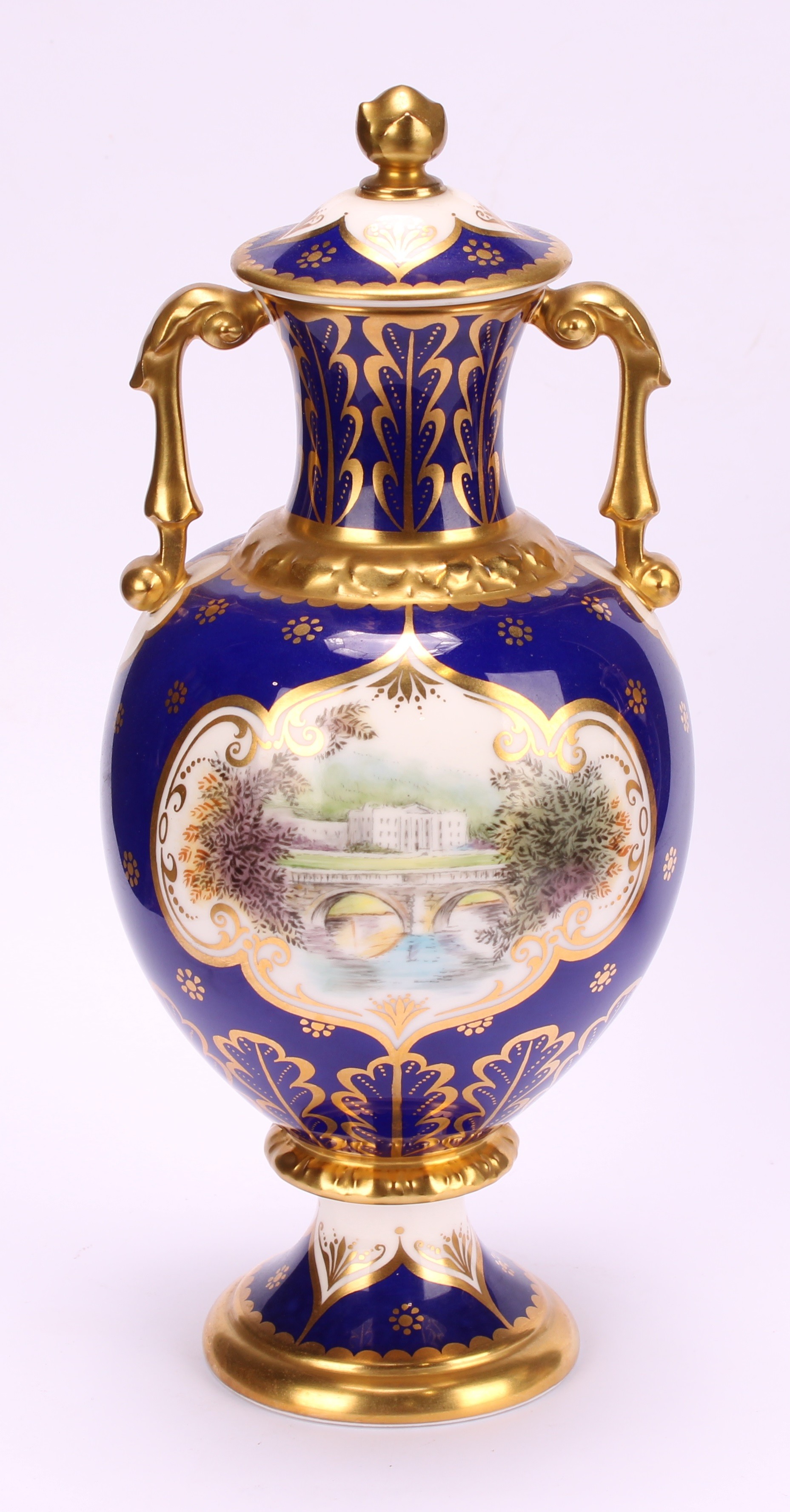 A pair of Royal Crown Derby pedestal ovoid two handled vases and covers, The Chatsworth Vase and The - Image 3 of 16
