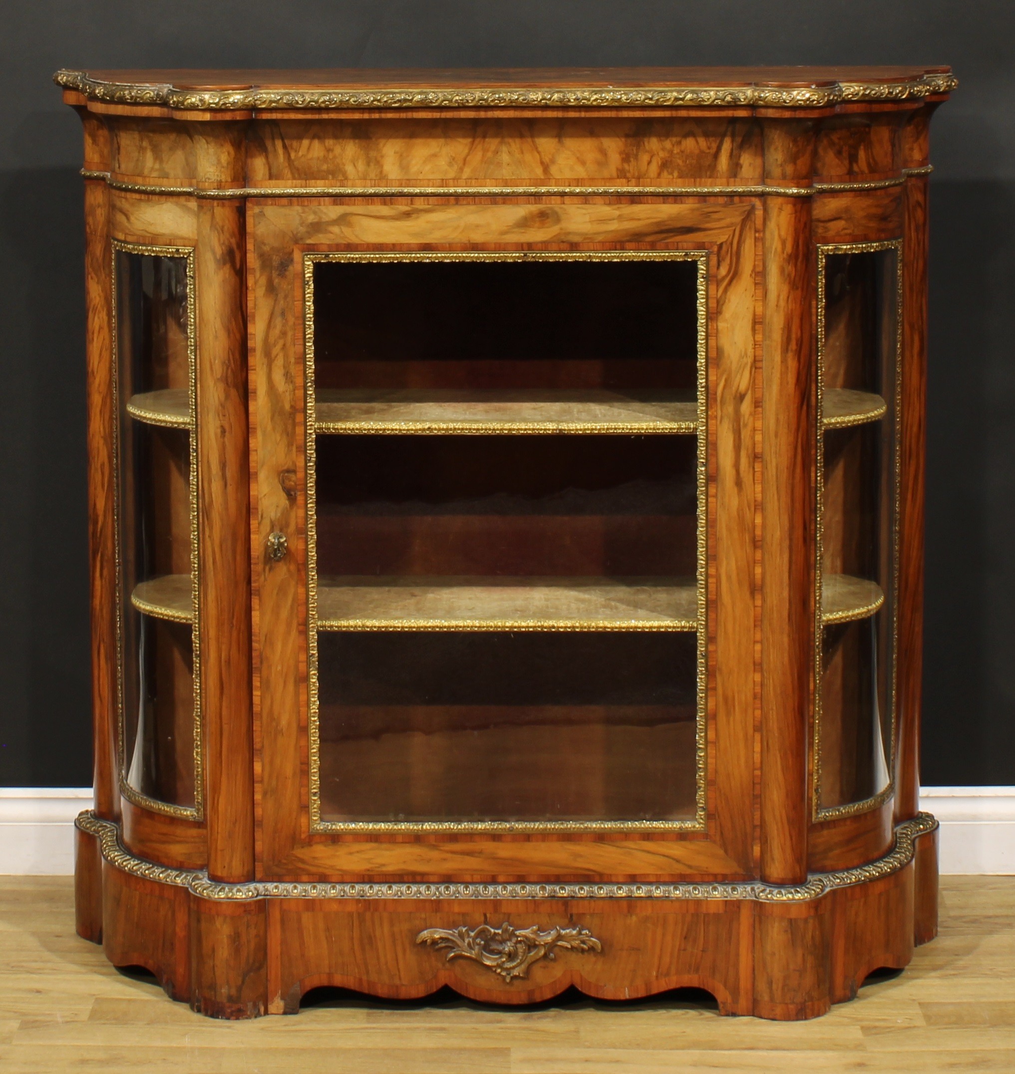 A Victorian gilt metal mounted rosewood crossbanded walnut credenza, oversailing top above a - Bild 2 aus 4