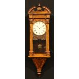 A late 19th century walnut and parquetry architectural wall clock, 20cm circular dial inscribed with