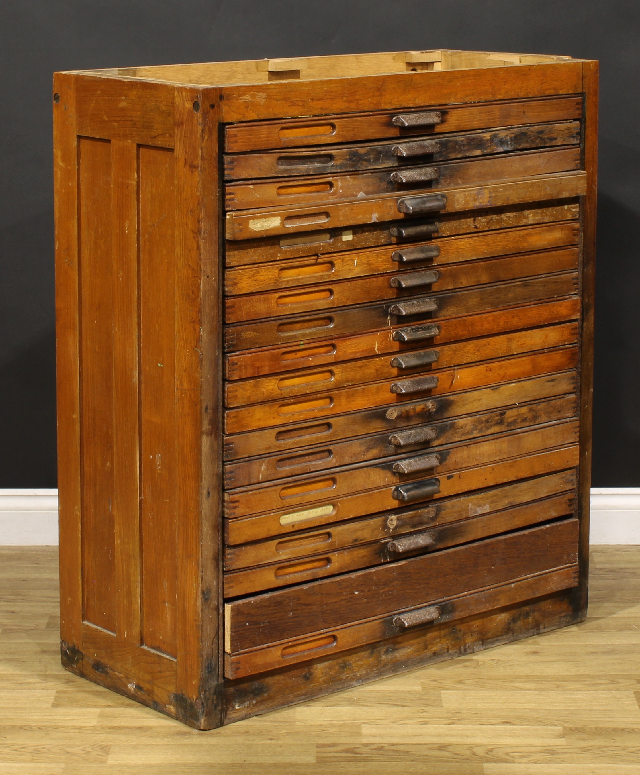 An early to mid-20th century oak primary printer’s or draughtsman’s plan chest, now fitted for the - Image 2 of 8