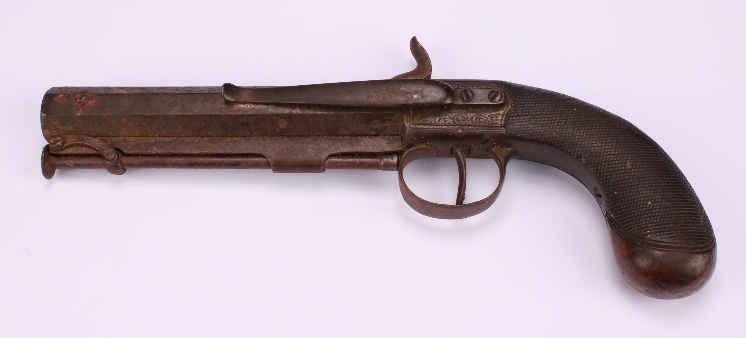 A 19th century percussion belt pistol, 13.5cm octagonal barrel, integral ramrod, chequered grip, - Image 4 of 10