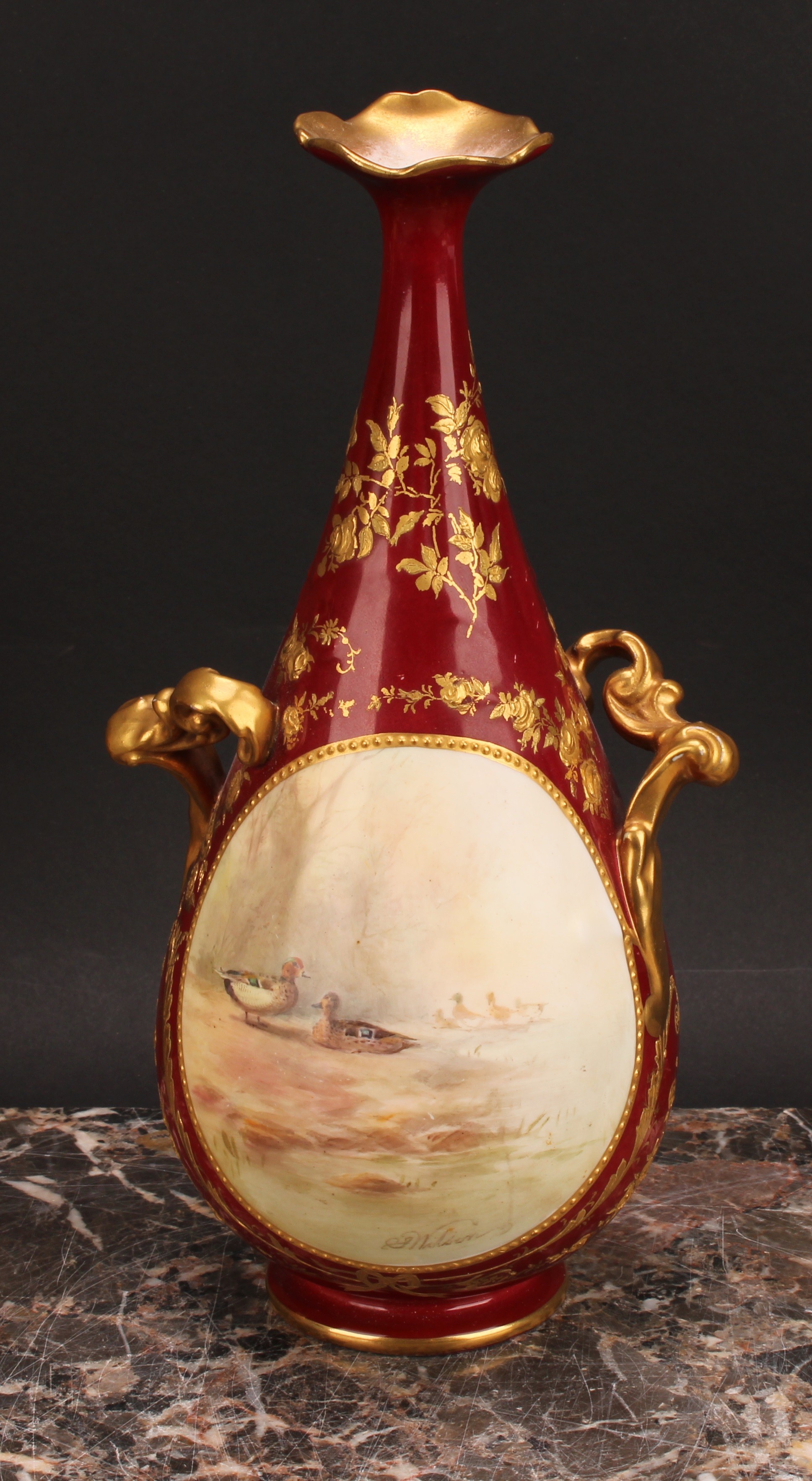 A pair of Doulton Burslem two handled pedestal bottle vases, painted by S. Wilson, signed, with - Image 3 of 14