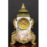 A Louis XV Revival gilt metal mounted porcelain cartouche shaped mantel clock, painted by Dumas,